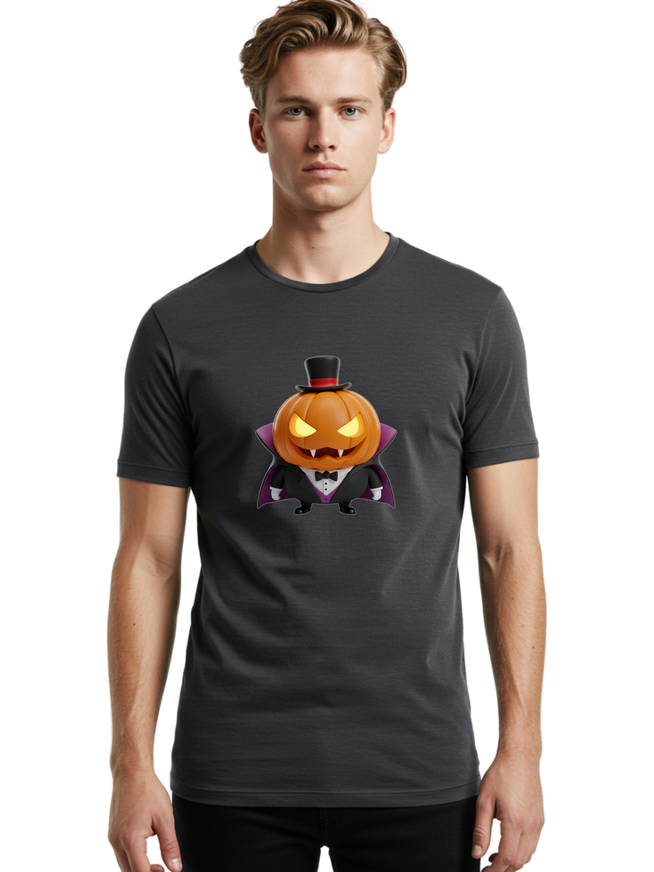 Vampire-Jack-O-Lantern Men'S Graphic Tee, 100% Cotton, Comfortable Casual Summer Wear, Machine Washable, Vampire Jack-O-Lantern, Halloween Character, Cartoon Pumpkin, Fangs, Top Hat, Tuxedo, Cape, Spooky, Halloween Decor, Autumnal Theme, Bad880