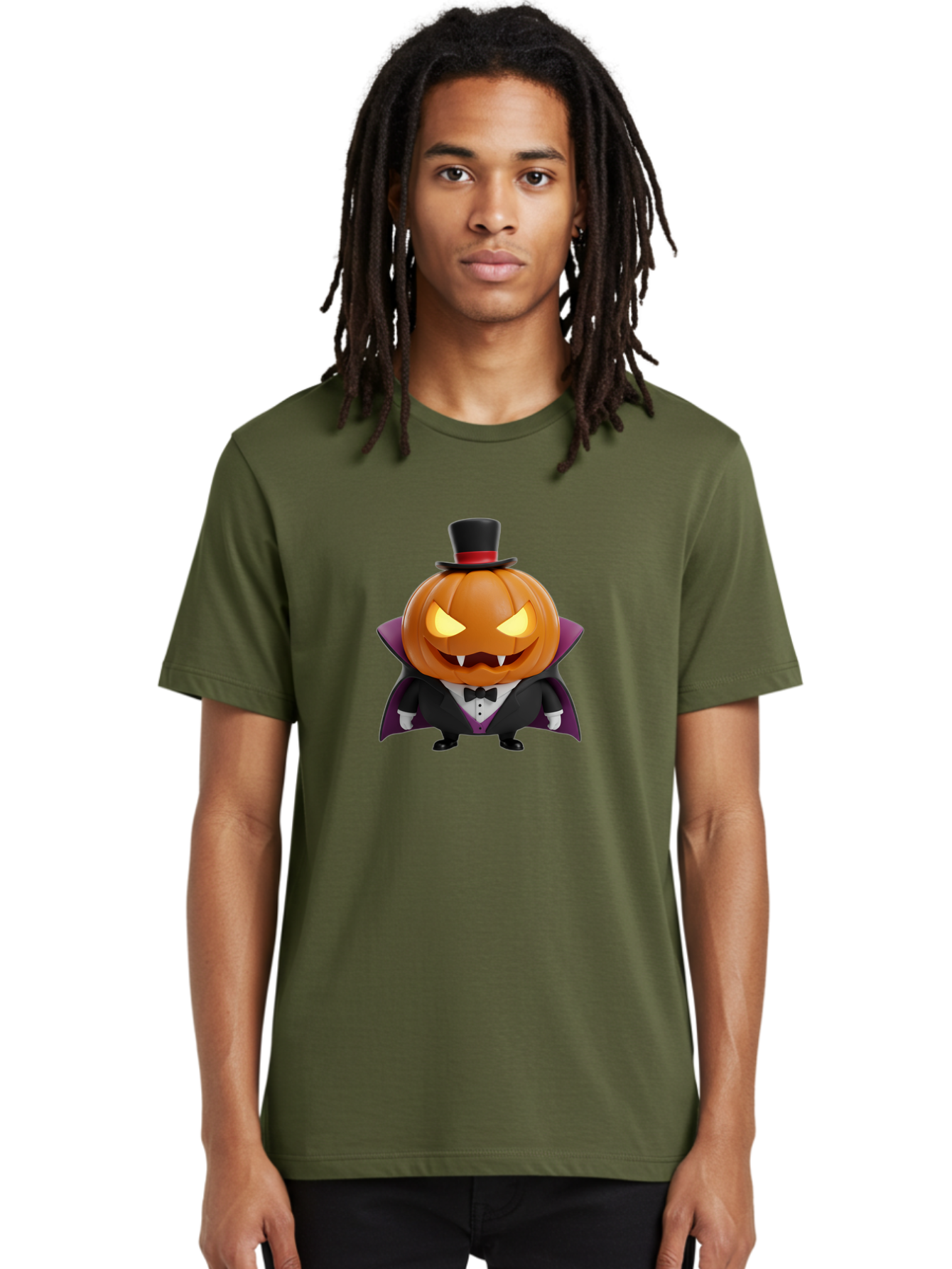 Vampire-Jack-O-Lantern Men'S Graphic Tee, 100% Cotton, Comfortable Casual Summer Wear, Machine Washable, Vampire Jack-O-Lantern, Halloween Character, Cartoon Pumpkin, Fangs, Top Hat, Tuxedo, Cape, Spooky, Halloween Decor, Autumnal Theme, Bad880