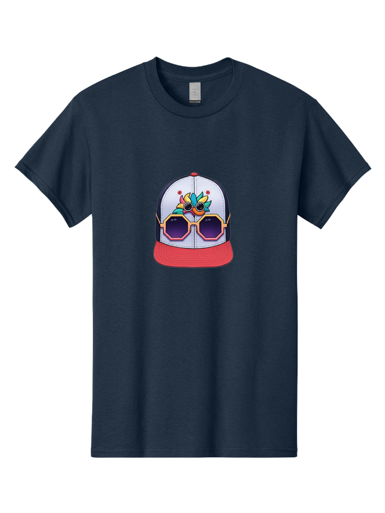 Vaporwave-Baseball-Cap Men'S Graphic Tee, 100% Cotton, Comfortable Casual Summer Wear, Machine Washable, Futuristic Baseball Cap, Colorful Design, Sunglasses On Hat, Neon Lights, Cyberpunk Style, Futuristic Fashion, Streetwear, Bad883