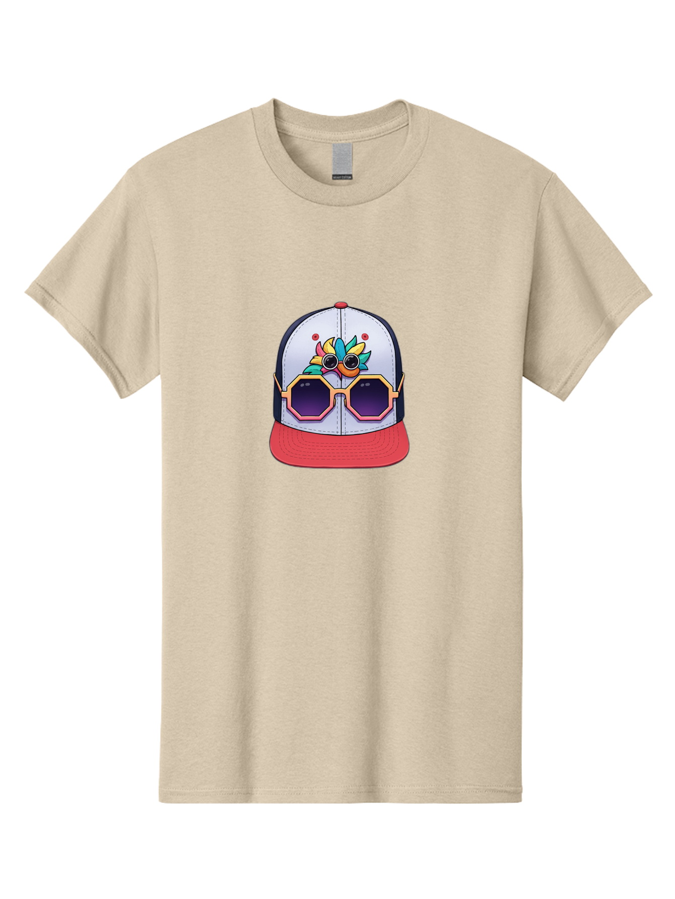 Vaporwave-Baseball-Cap Men'S Graphic Tee, 100% Cotton, Comfortable Casual Summer Wear, Machine Washable, Futuristic Baseball Cap, Colorful Design, Sunglasses On Hat, Neon Lights, Cyberpunk Style, Futuristic Fashion, Streetwear, Bad883
