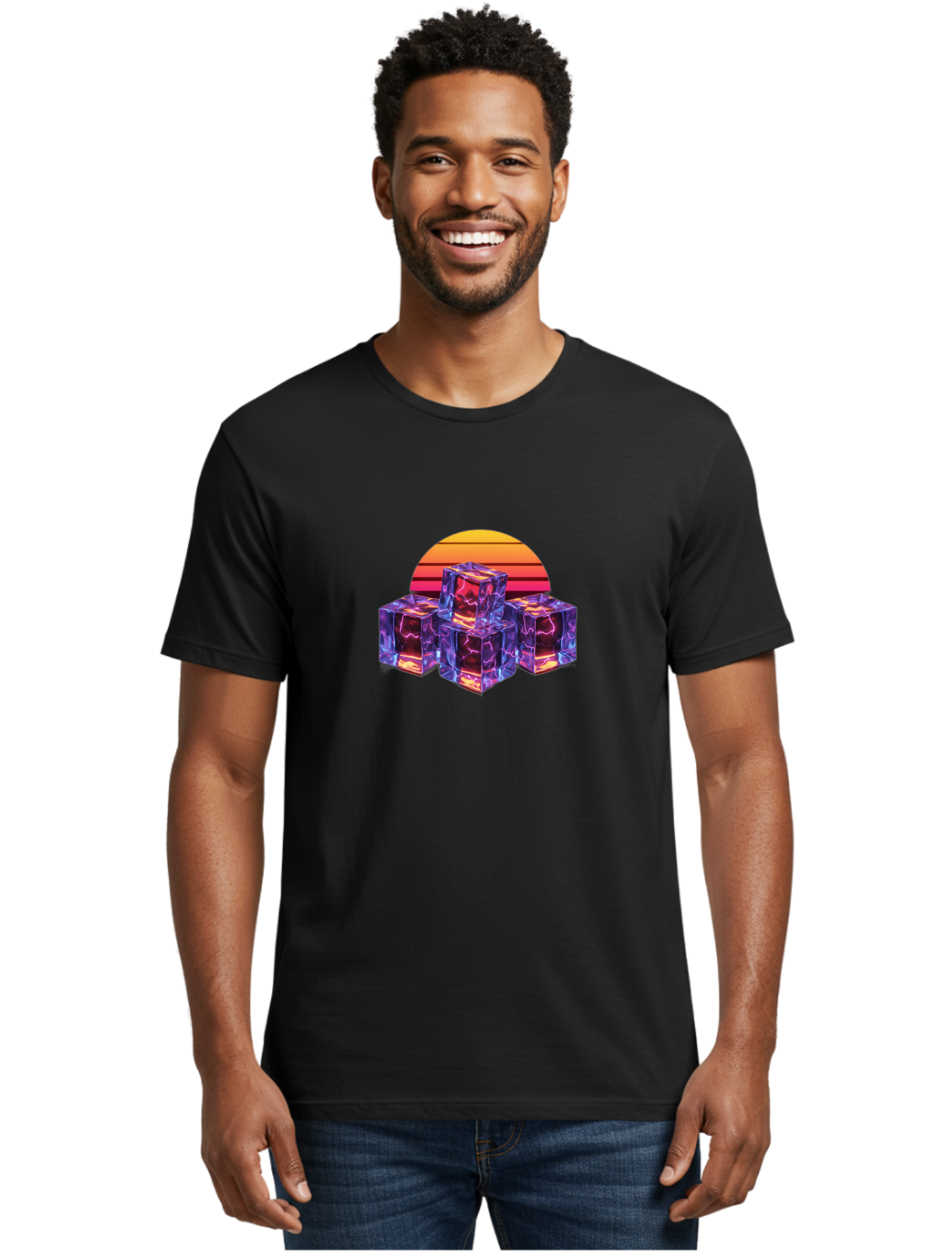 Vaporwave-Cubes Men'S Graphic Tee, 100% Cotton, Comfortable Casual Summer Wear, Machine Washable, Vaporwave Art, Retro Futuristic Style, Neon Lights, Glowing Cubes, 80S Aesthetic, Synthwave, Futuristic Landscape, Retro Colors, Bad884