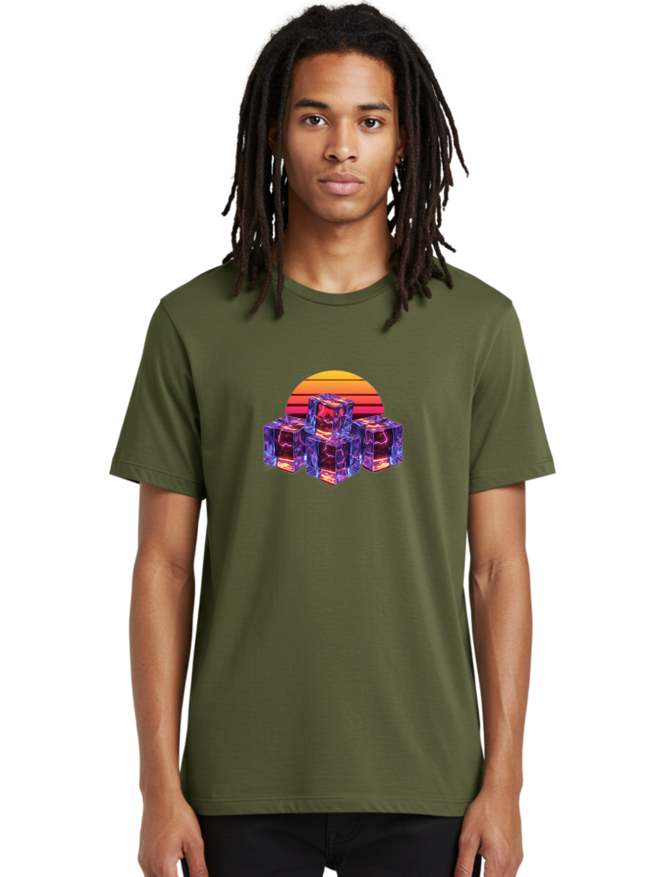 Vaporwave-Cubes Men'S Graphic Tee, 100% Cotton, Comfortable Casual Summer Wear, Machine Washable, Vaporwave Art, Retro Futuristic Style, Neon Lights, Glowing Cubes, 80S Aesthetic, Synthwave, Futuristic Landscape, Retro Colors, Bad884