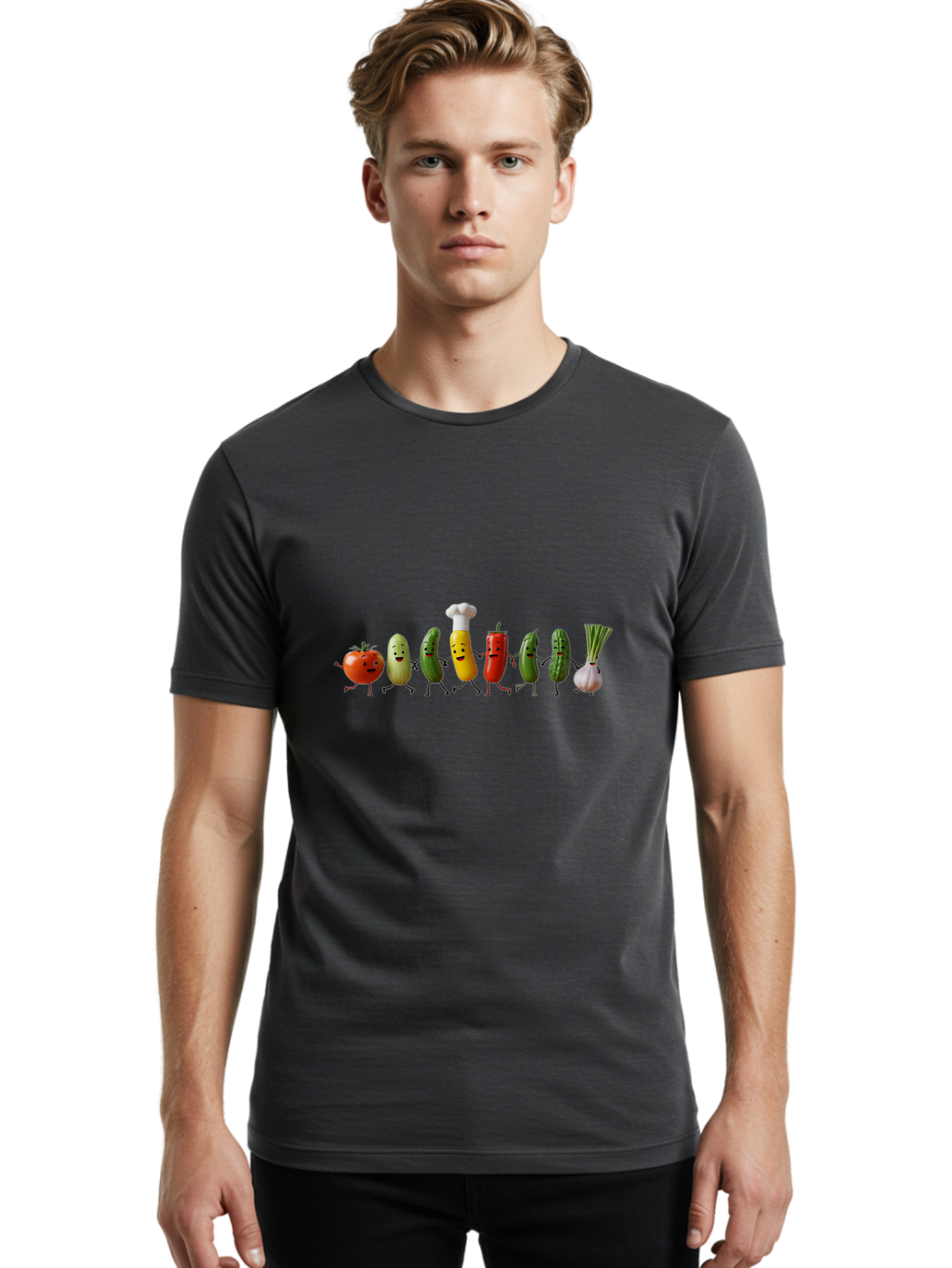 Vegetable-Crew Men'S Graphic Tee, 100% Cotton, Comfortable Casual Summer Wear, Machine Washable, Cartoon Vegetables, Funny Characters, Chef Hat, Tomato, Pickle, Pepper, Onion, Smiling Faces, Dancing Vegetables, Playful Illustration Bad887
