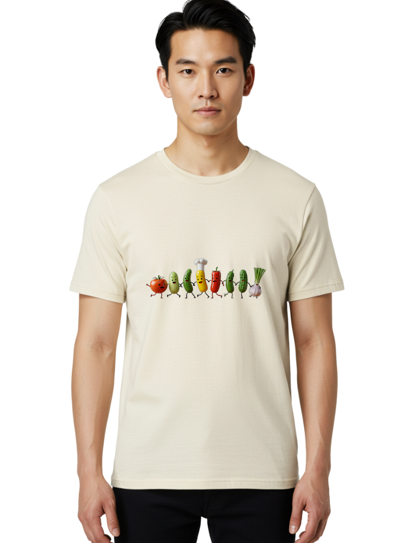 Vegetable-Crew Men'S Graphic Tee, 100% Cotton, Comfortable Casual Summer Wear, Machine Washable, Cartoon Vegetables, Funny Characters, Chef Hat, Tomato, Pickle, Pepper, Onion, Smiling Faces, Dancing Vegetables, Playful Illustration Bad887