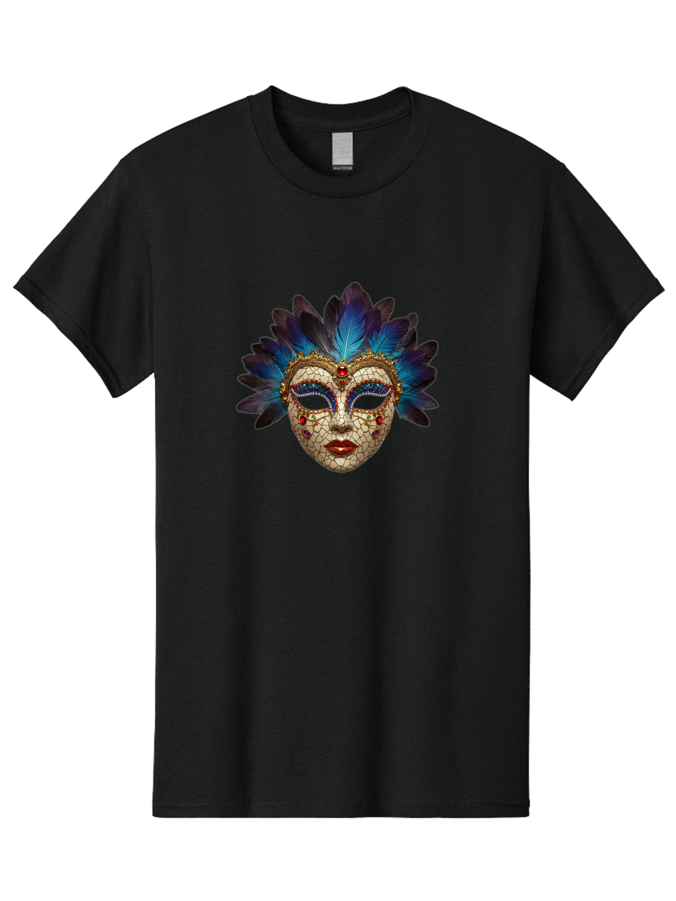 Venetian-Mask-3 Men'S Graphic Tee, 100% Cotton, Comfortable Casual Summer Wear, Machine Washable, Masquerade Ball, Venetian Mask, Luxury Fashion, Gold Accents, Red Lips, Rhinestones, Blue Feathers, Dramatic Design, Mysterious Allure, Bad890