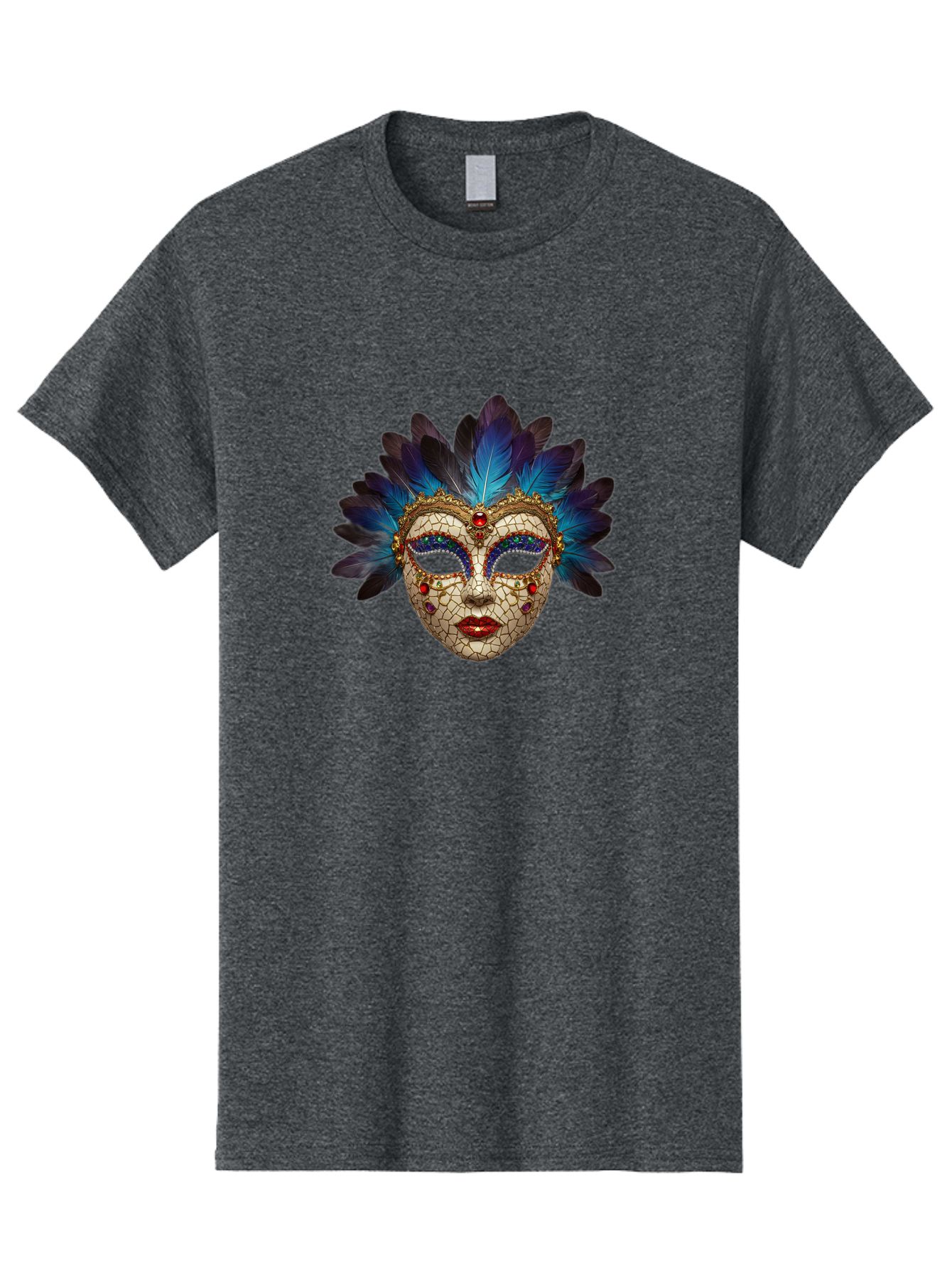 Venetian-Mask-3 Men'S Graphic Tee, 100% Cotton, Comfortable Casual Summer Wear, Machine Washable, Masquerade Ball, Venetian Mask, Luxury Fashion, Gold Accents, Red Lips, Rhinestones, Blue Feathers, Dramatic Design, Mysterious Allure, Bad890