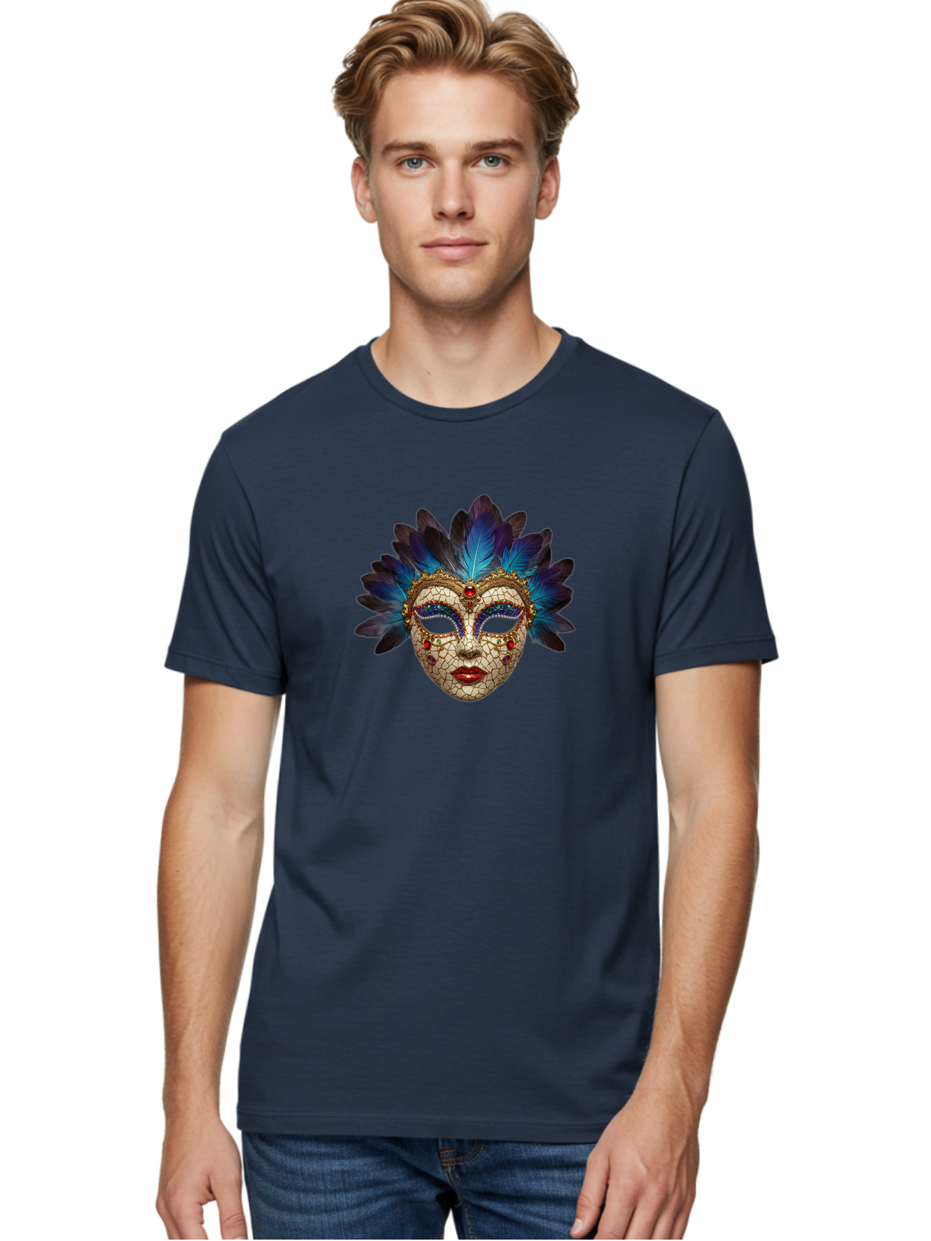 Venetian-Mask-3 Men'S Graphic Tee, 100% Cotton, Comfortable Casual Summer Wear, Machine Washable, Masquerade Ball, Venetian Mask, Luxury Fashion, Gold Accents, Red Lips, Rhinestones, Blue Feathers, Dramatic Design, Mysterious Allure, Bad890