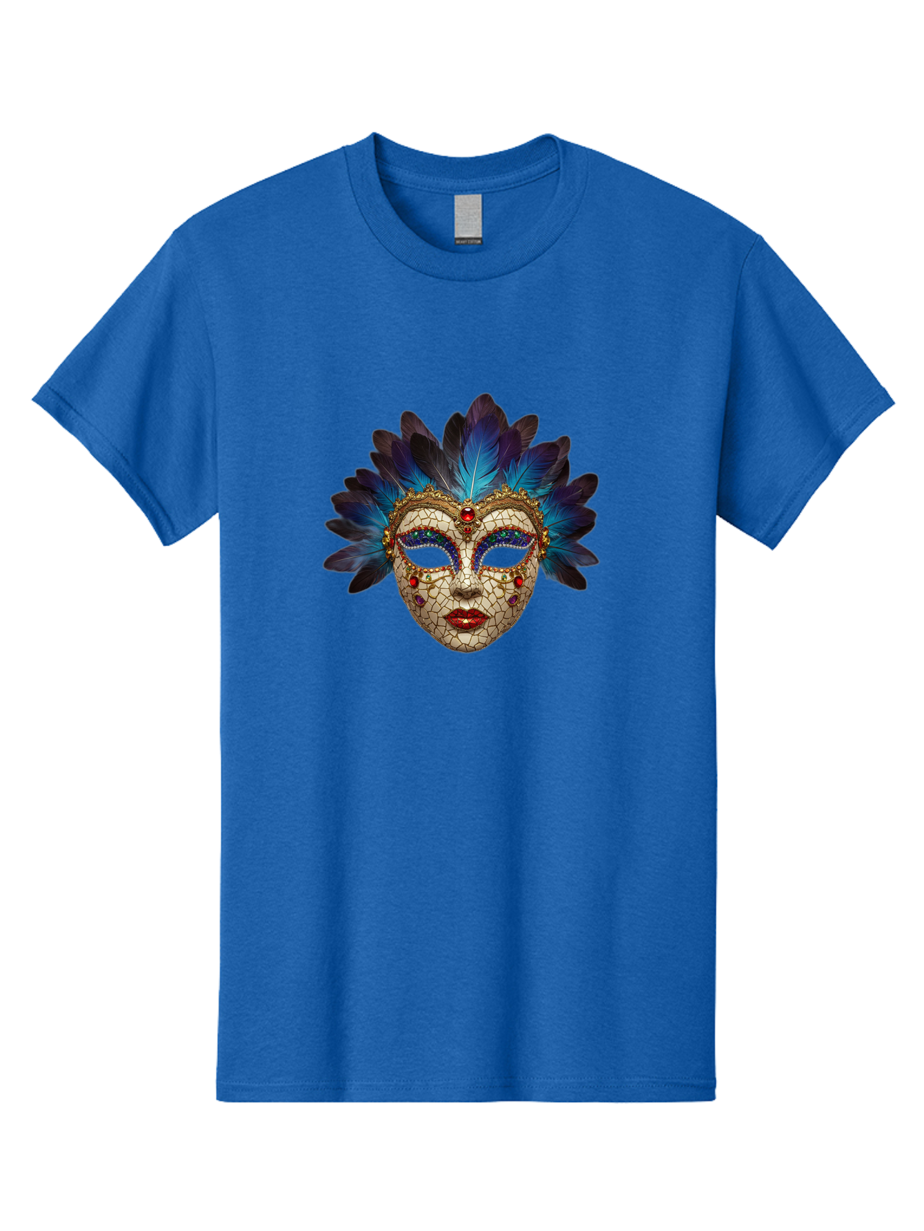 Venetian-Mask-3 Men'S Graphic Tee, 100% Cotton, Comfortable Casual Summer Wear, Machine Washable, Masquerade Ball, Venetian Mask, Luxury Fashion, Gold Accents, Red Lips, Rhinestones, Blue Feathers, Dramatic Design, Mysterious Allure, Bad890
