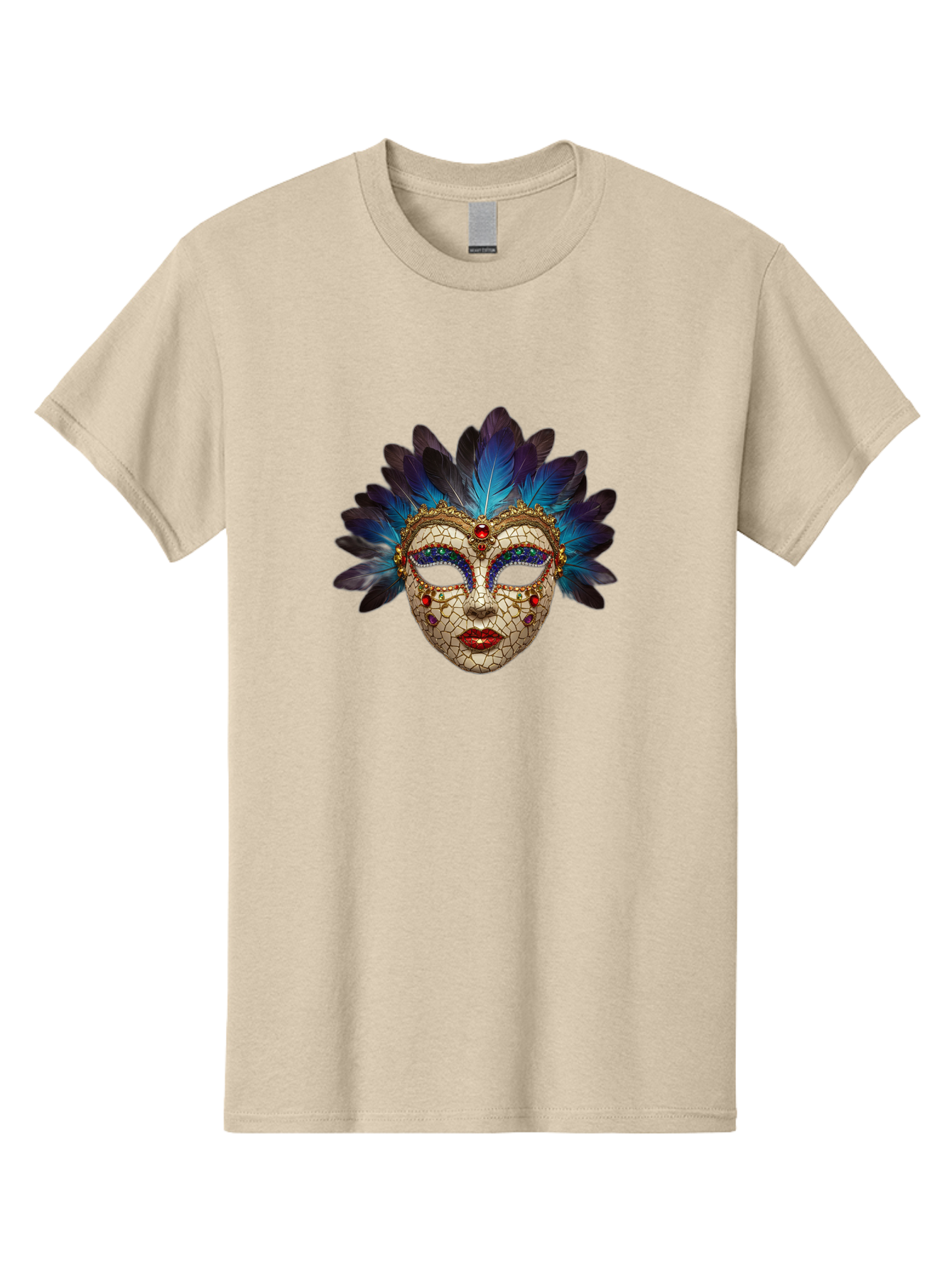 Venetian-Mask-3 Men'S Graphic Tee, 100% Cotton, Comfortable Casual Summer Wear, Machine Washable, Masquerade Ball, Venetian Mask, Luxury Fashion, Gold Accents, Red Lips, Rhinestones, Blue Feathers, Dramatic Design, Mysterious Allure, Bad890