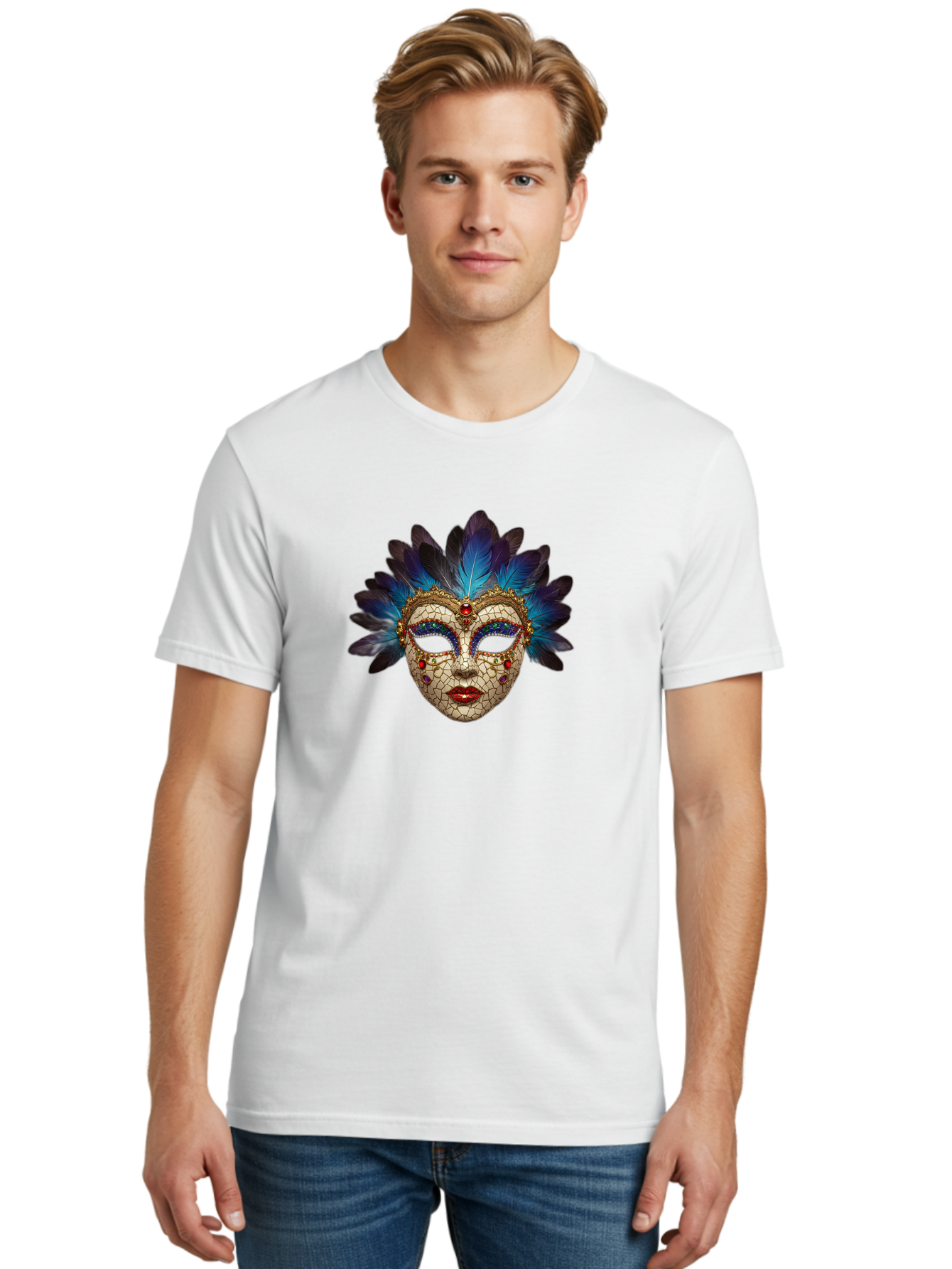 Venetian-Mask-3 Men'S Graphic Tee, 100% Cotton, Comfortable Casual Summer Wear, Machine Washable, Masquerade Ball, Venetian Mask, Luxury Fashion, Gold Accents, Red Lips, Rhinestones, Blue Feathers, Dramatic Design, Mysterious Allure, Bad890