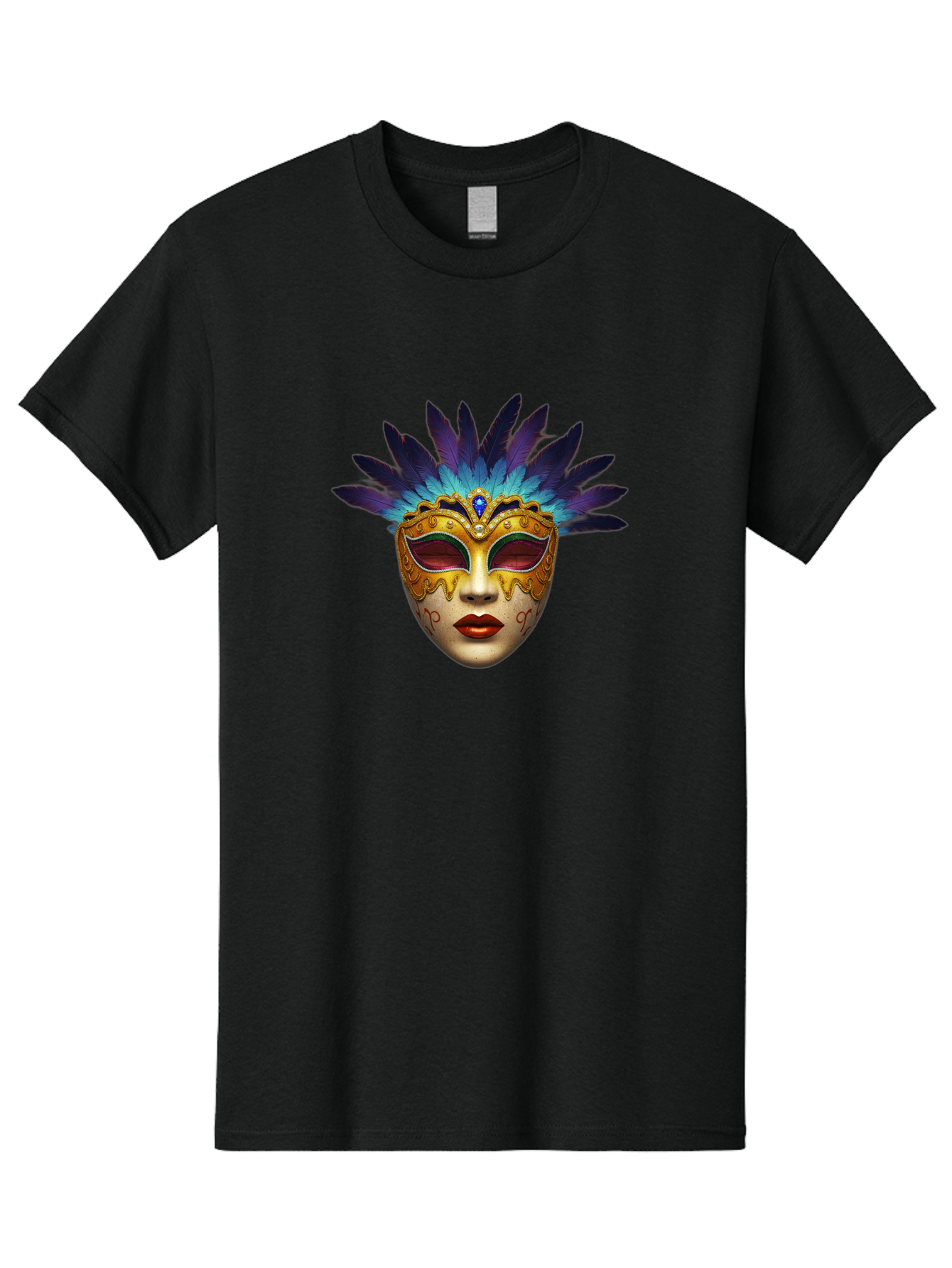 Venetian-Mask-4 Men'S Graphic Tee, 100% Cotton, Comfortable Casual Summer Wear, Machine Washable, Golden Venetian Mask, Mask With Feathers, Purple And Blue Feathers, Golden Decoration, Red Lips, Carnival Mask, Masquerade Ball, Mysterious Mask Bad891