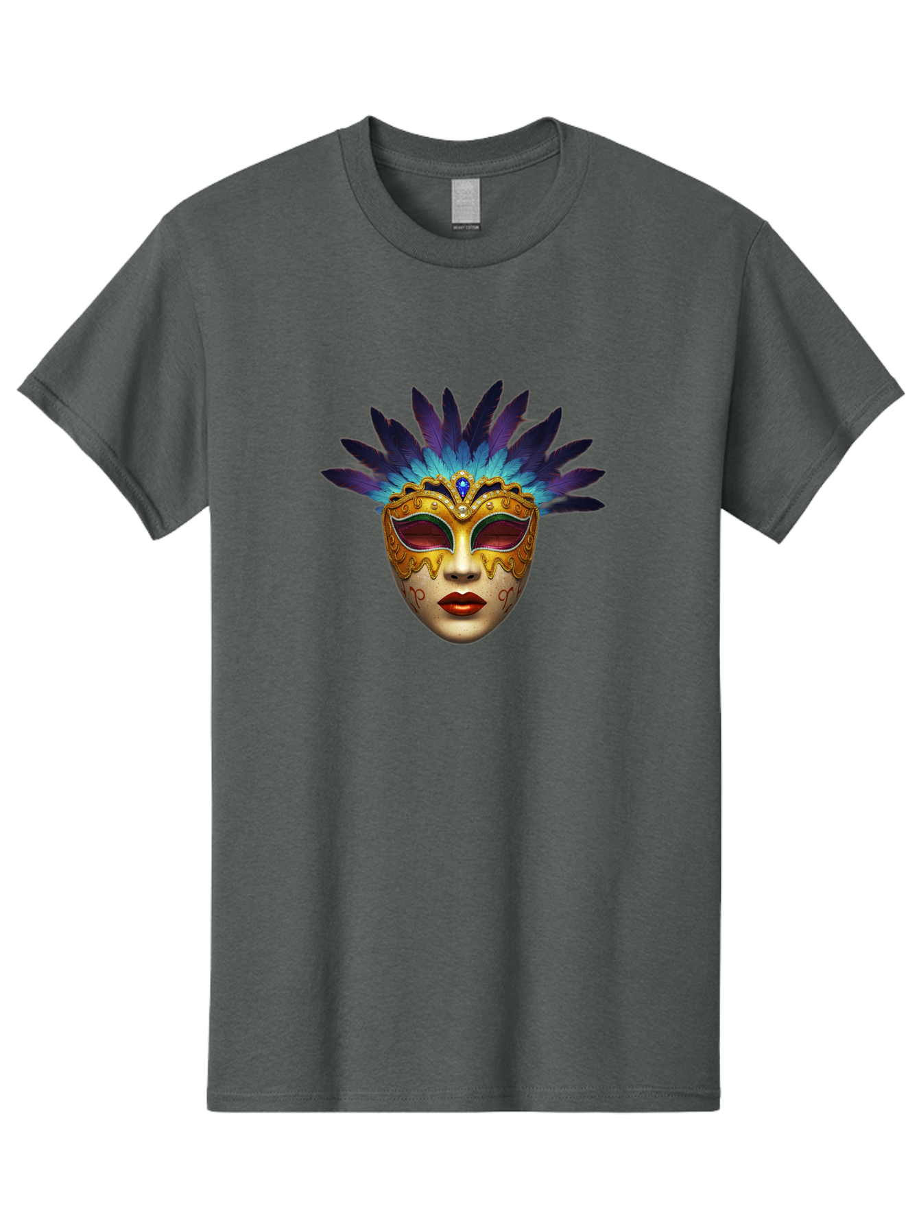 Venetian-Mask-4 Men'S Graphic Tee, 100% Cotton, Comfortable Casual Summer Wear, Machine Washable, Golden Venetian Mask, Mask With Feathers, Purple And Blue Feathers, Golden Decoration, Red Lips, Carnival Mask, Masquerade Ball, Mysterious Mask Bad891