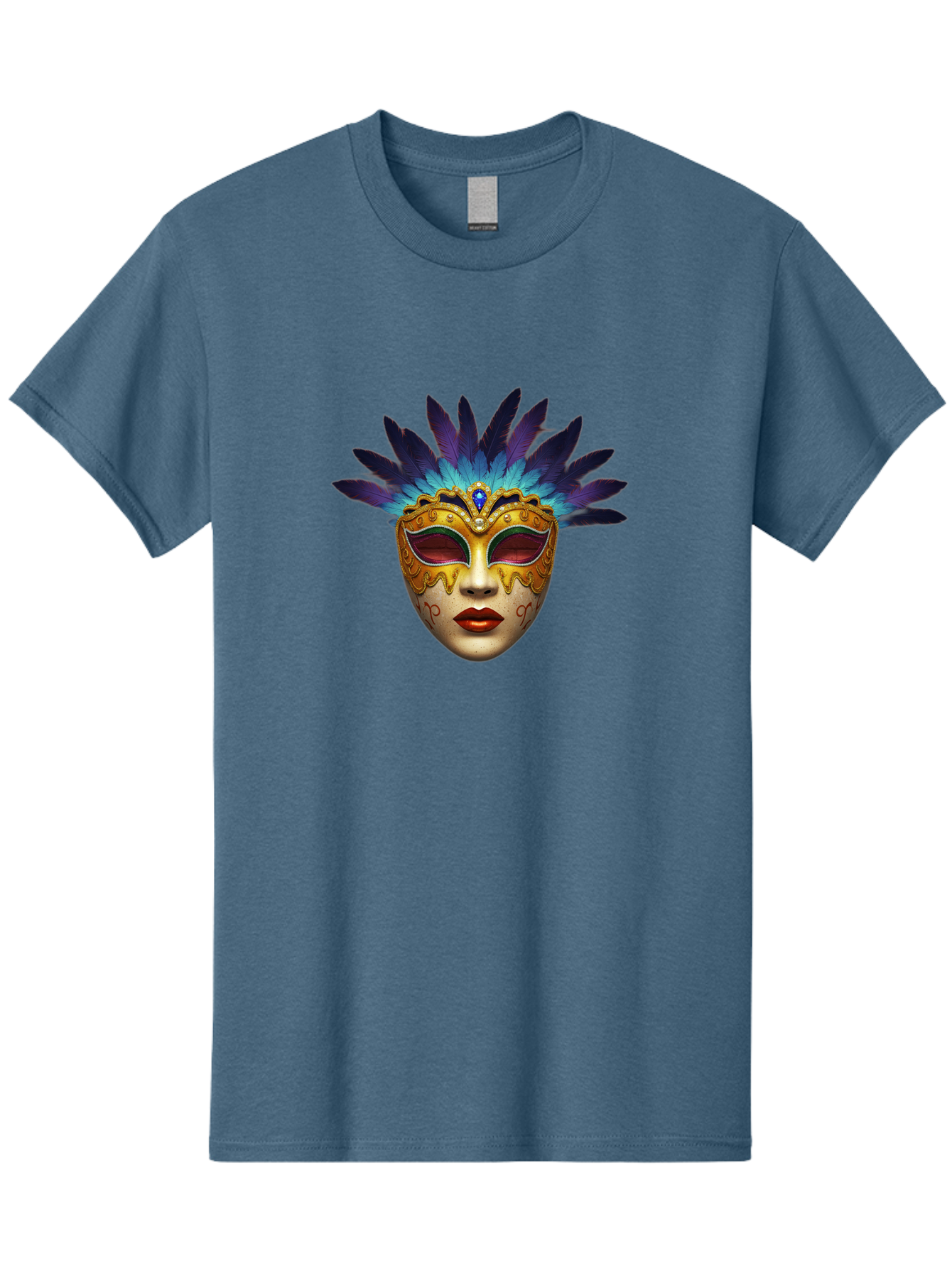 Venetian-Mask-4 Men'S Graphic Tee, 100% Cotton, Comfortable Casual Summer Wear, Machine Washable, Golden Venetian Mask, Mask With Feathers, Purple And Blue Feathers, Golden Decoration, Red Lips, Carnival Mask, Masquerade Ball, Mysterious Mask Bad891