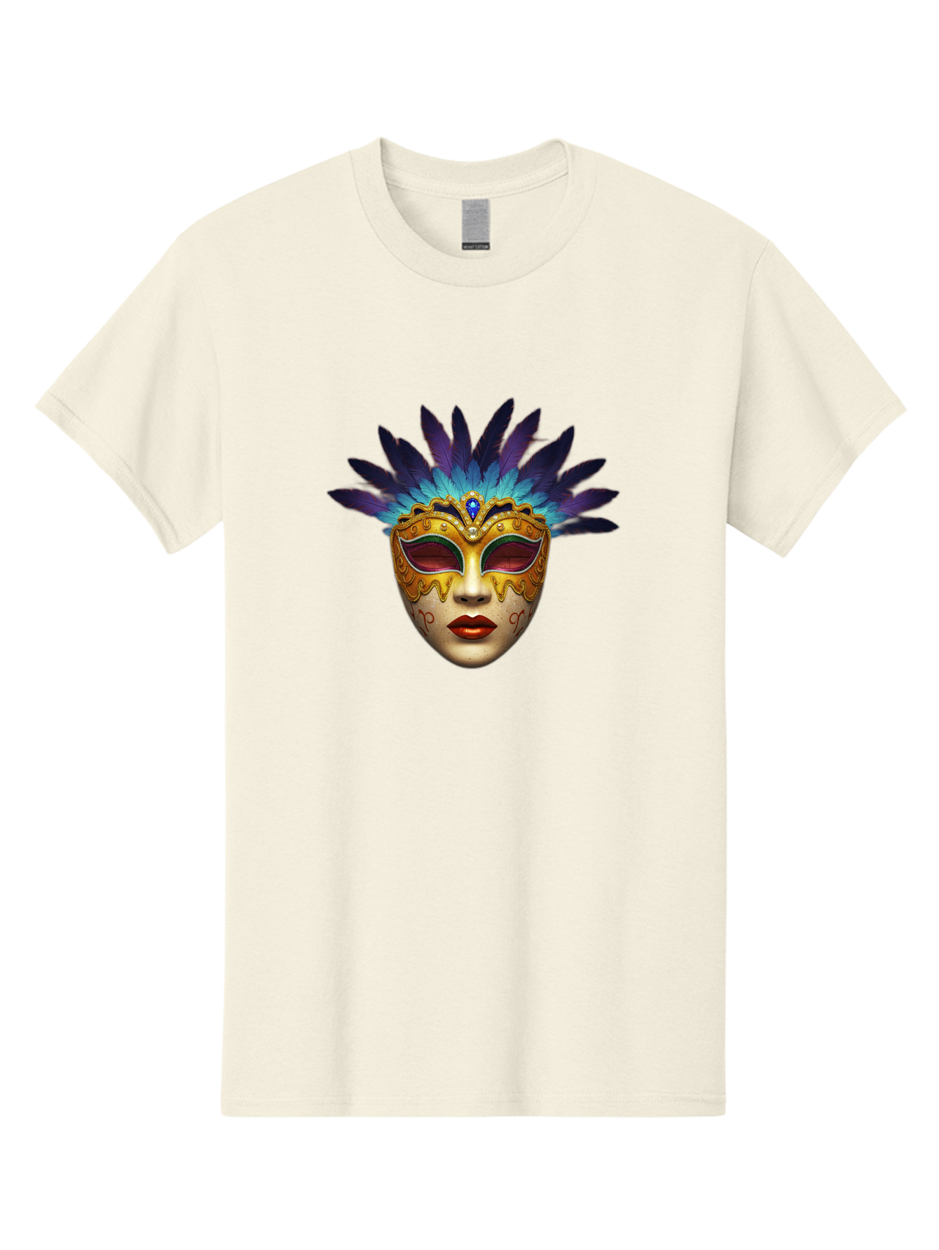 Venetian-Mask-4 Men'S Graphic Tee, 100% Cotton, Comfortable Casual Summer Wear, Machine Washable, Golden Venetian Mask, Mask With Feathers, Purple And Blue Feathers, Golden Decoration, Red Lips, Carnival Mask, Masquerade Ball, Mysterious Mask Bad891