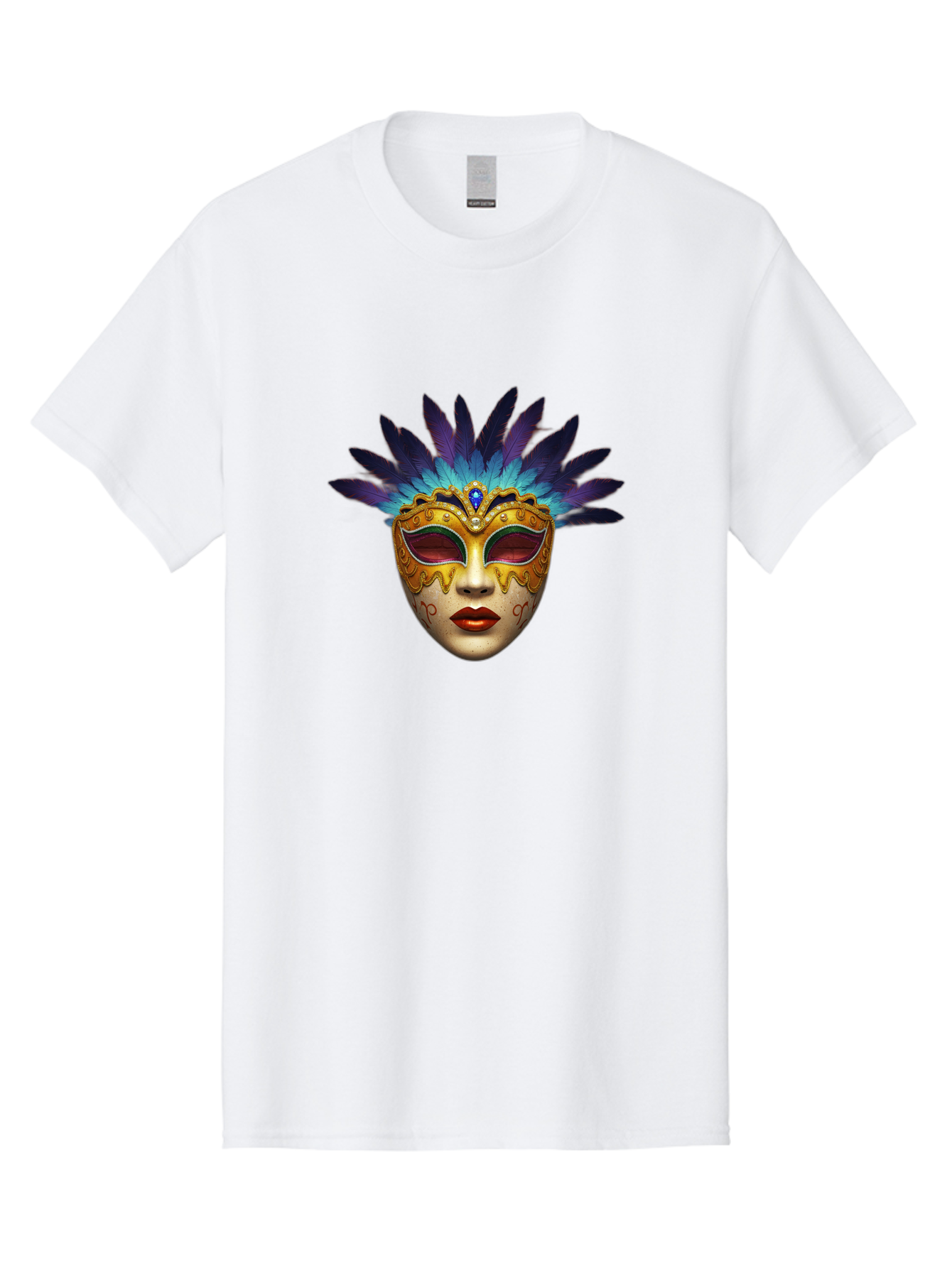 Venetian-Mask-4 Men'S Graphic Tee, 100% Cotton, Comfortable Casual Summer Wear, Machine Washable, Golden Venetian Mask, Mask With Feathers, Purple And Blue Feathers, Golden Decoration, Red Lips, Carnival Mask, Masquerade Ball, Mysterious Mask Bad891