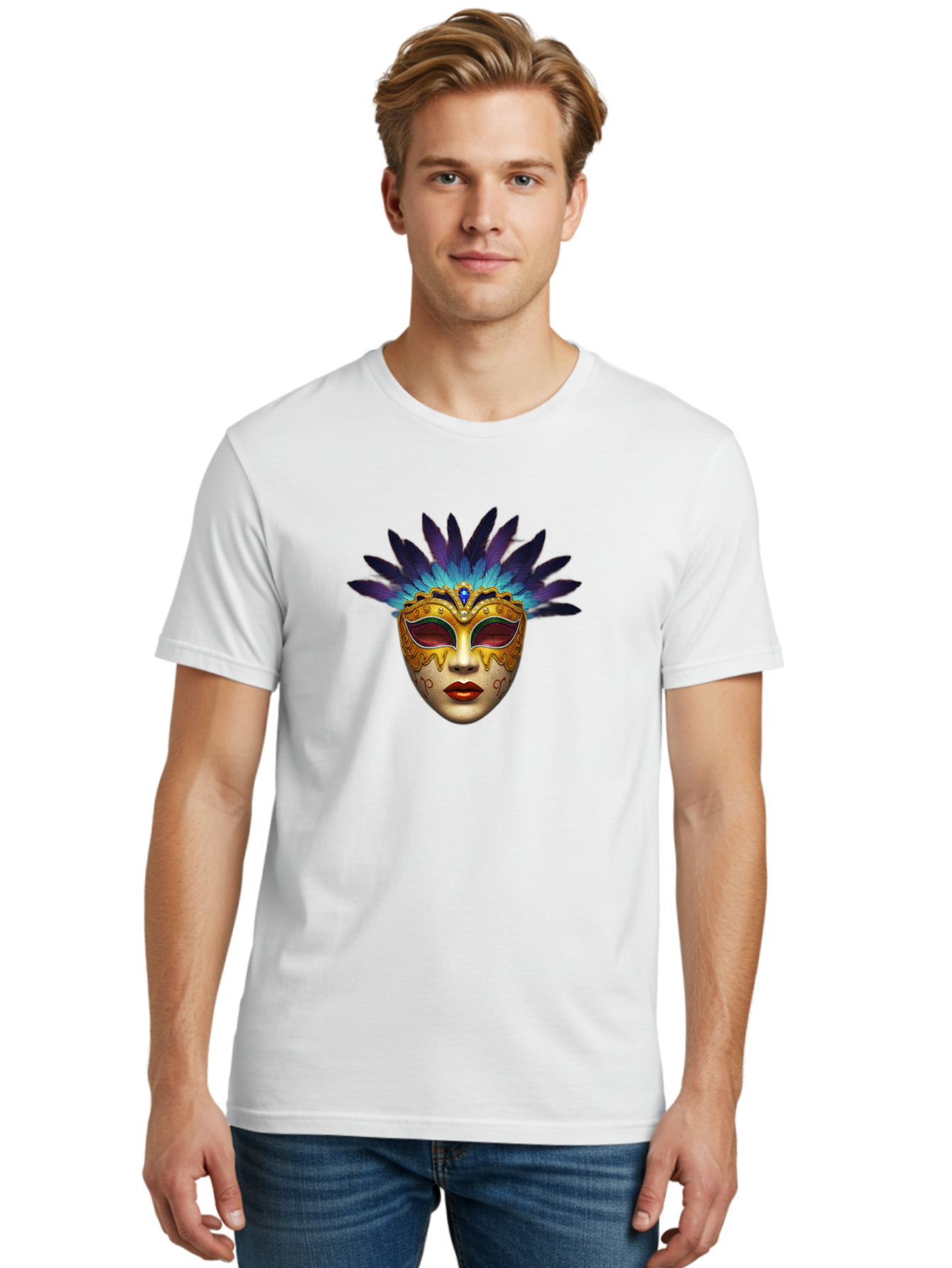 Venetian-Mask-4 Men'S Graphic Tee, 100% Cotton, Comfortable Casual Summer Wear, Machine Washable, Golden Venetian Mask, Mask With Feathers, Purple And Blue Feathers, Golden Decoration, Red Lips, Carnival Mask, Masquerade Ball, Mysterious Mask Bad891