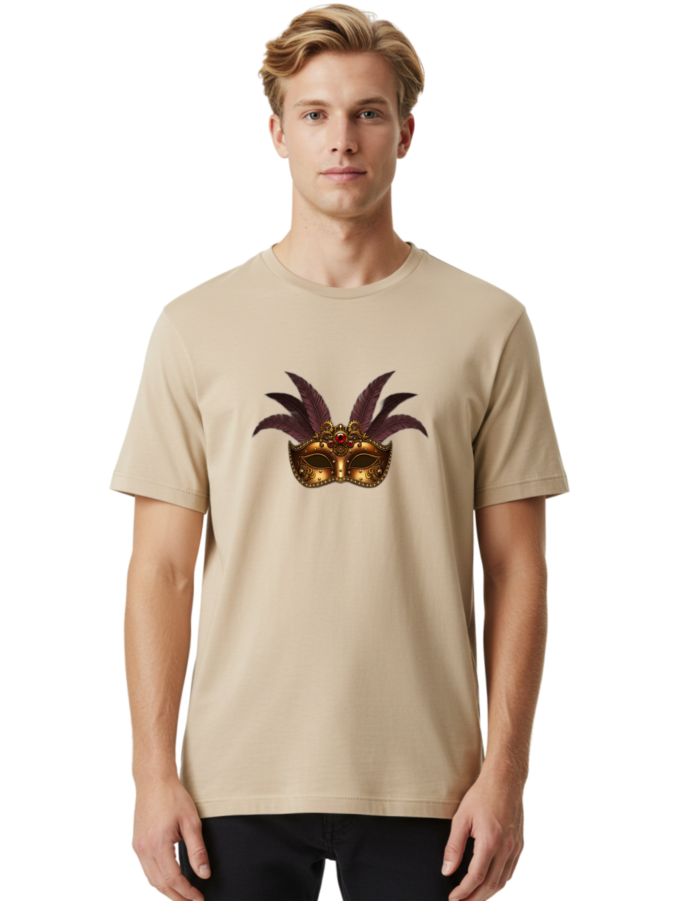 Venetian-Mask Men'S Graphic Tee, 100% Cotton, Comfortable Casual Summer Wear, Machine Washable, Golden Mask With Feathers, Venetian Mask, Carnival Mask, Red Jewel, Luxurious Design, Decorative Mask, Masquerade Ball Bad893
