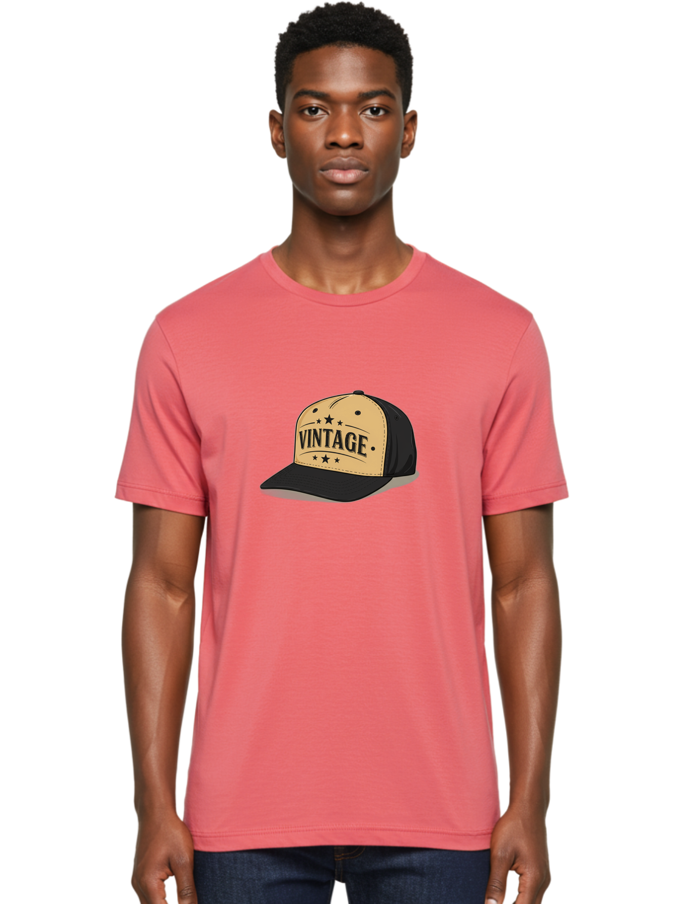 Vintage-Baseball-Cap Men'S Graphic Tee, 100% Cotton, Comfortable Casual Summer Wear, Machine Washable, Vintage Baseball Cap, Black And Beige Cap, Casual Wear, Fashion Accessory, Retro Style, Black Stars, Trendy Apparel, Streetwear, Bad894