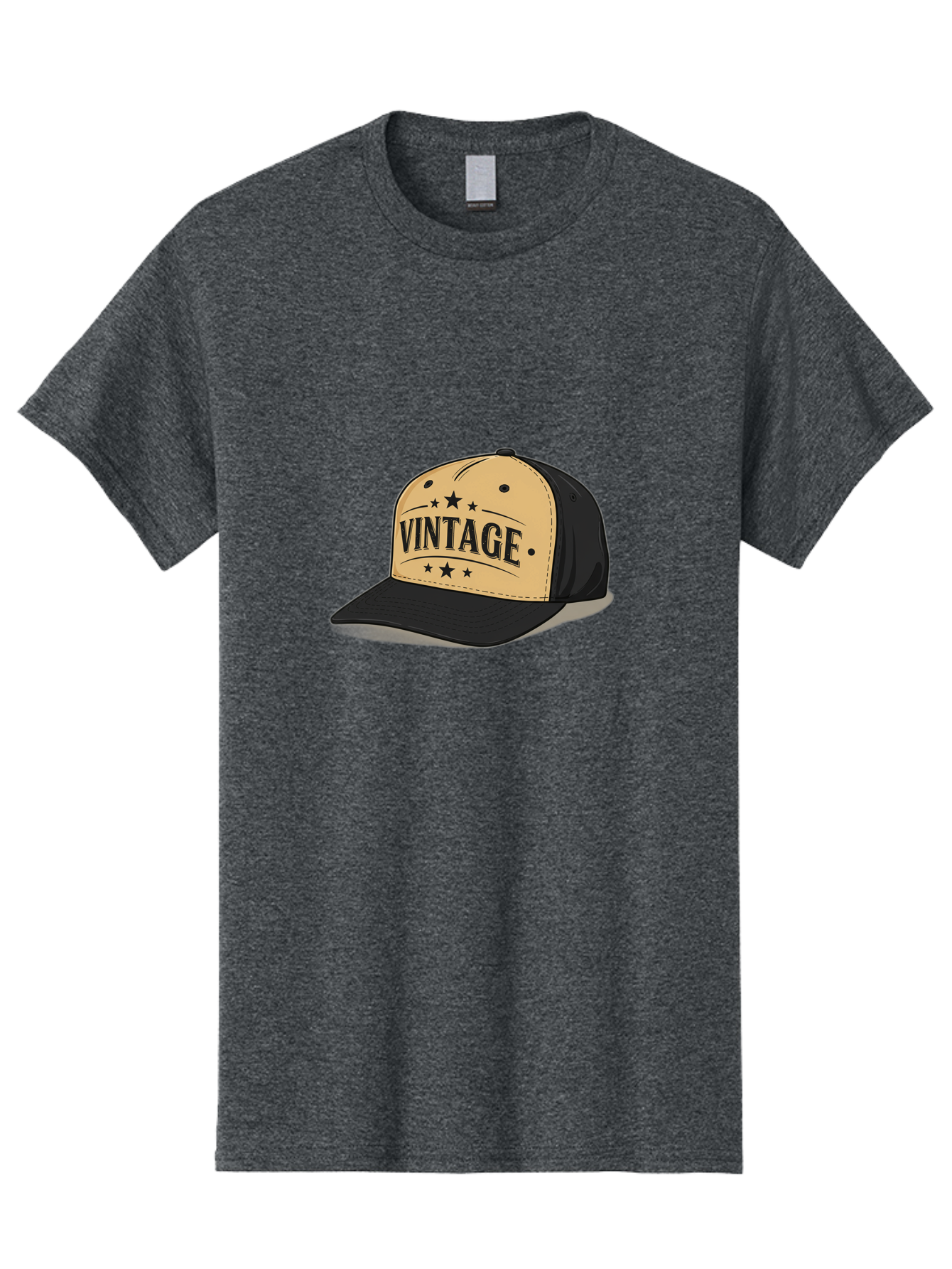 Vintage-Baseball-Cap Men'S Graphic Tee, 100% Cotton, Comfortable Casual Summer Wear, Machine Washable, Vintage Baseball Cap, Black And Beige Cap, Casual Wear, Fashion Accessory, Retro Style, Black Stars, Trendy Apparel, Streetwear, Bad894