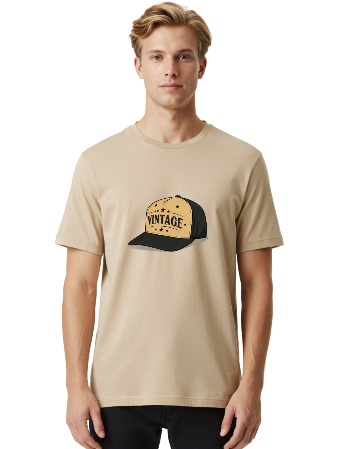 Vintage-Baseball-Cap Men'S Graphic Tee, 100% Cotton, Comfortable Casual Summer Wear, Machine Washable, Vintage Baseball Cap, Black And Beige Cap, Casual Wear, Fashion Accessory, Retro Style, Black Stars, Trendy Apparel, Streetwear, Bad894