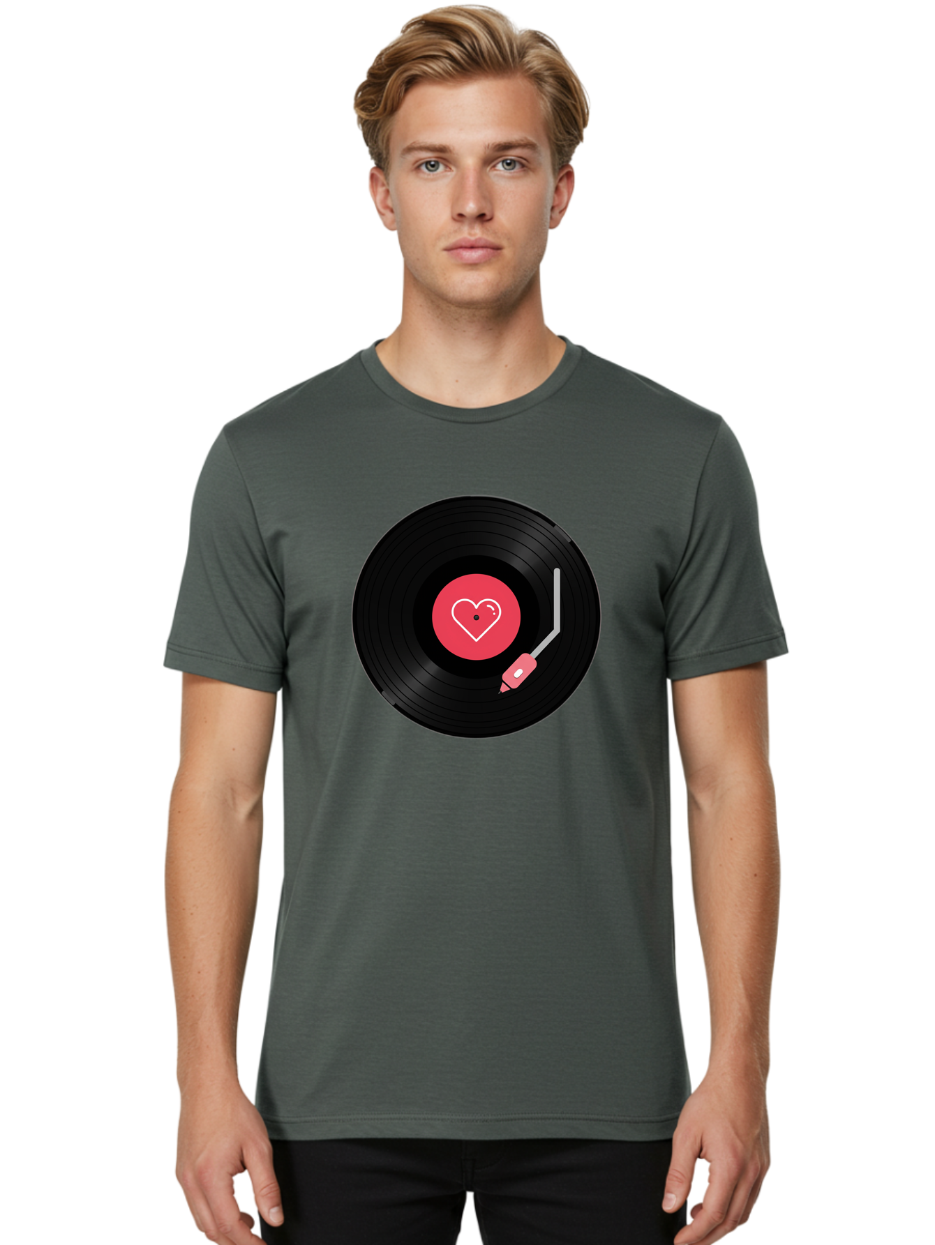 Vinyl-Record-With-Heart Men'S Graphic Tee, 100% Cotton, Comfortable Casual Summer Wear, Machine Washable, Vinyl Record, Heart Icon, Music Love, Record Player, Nostalgic Feel, Music Nostalgia, Retro Vibe, Heart Symbol, Love Music Bad904