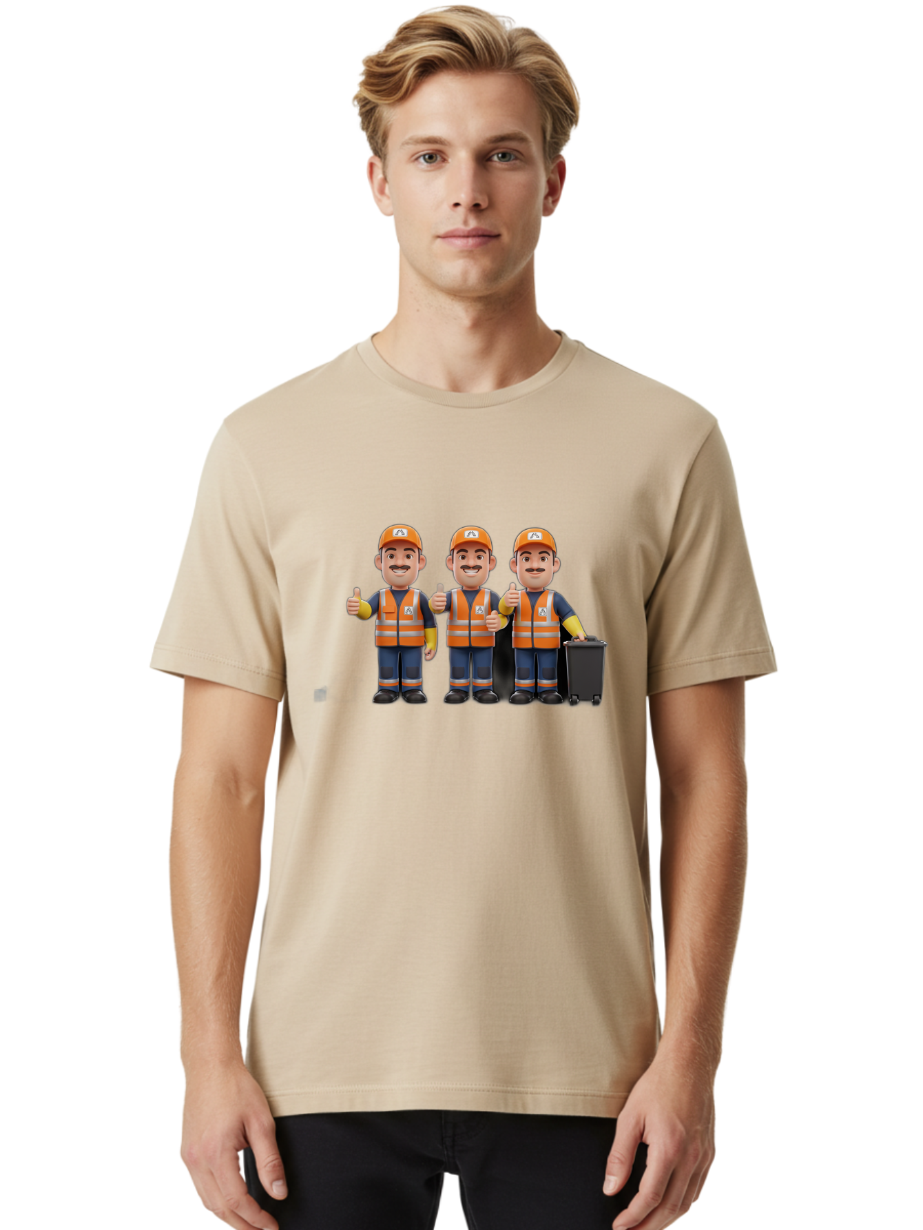 Waste-Management-Workers Men'S Graphic Tee, 100% Cotton, Comfortable Casual Summer Wear, Machine Washable, 3D Illustration, Waste Management Workers, Thumbs Up, Orange Safety Vests, Black Trash Bin, Customer Satisfaction, Bad908