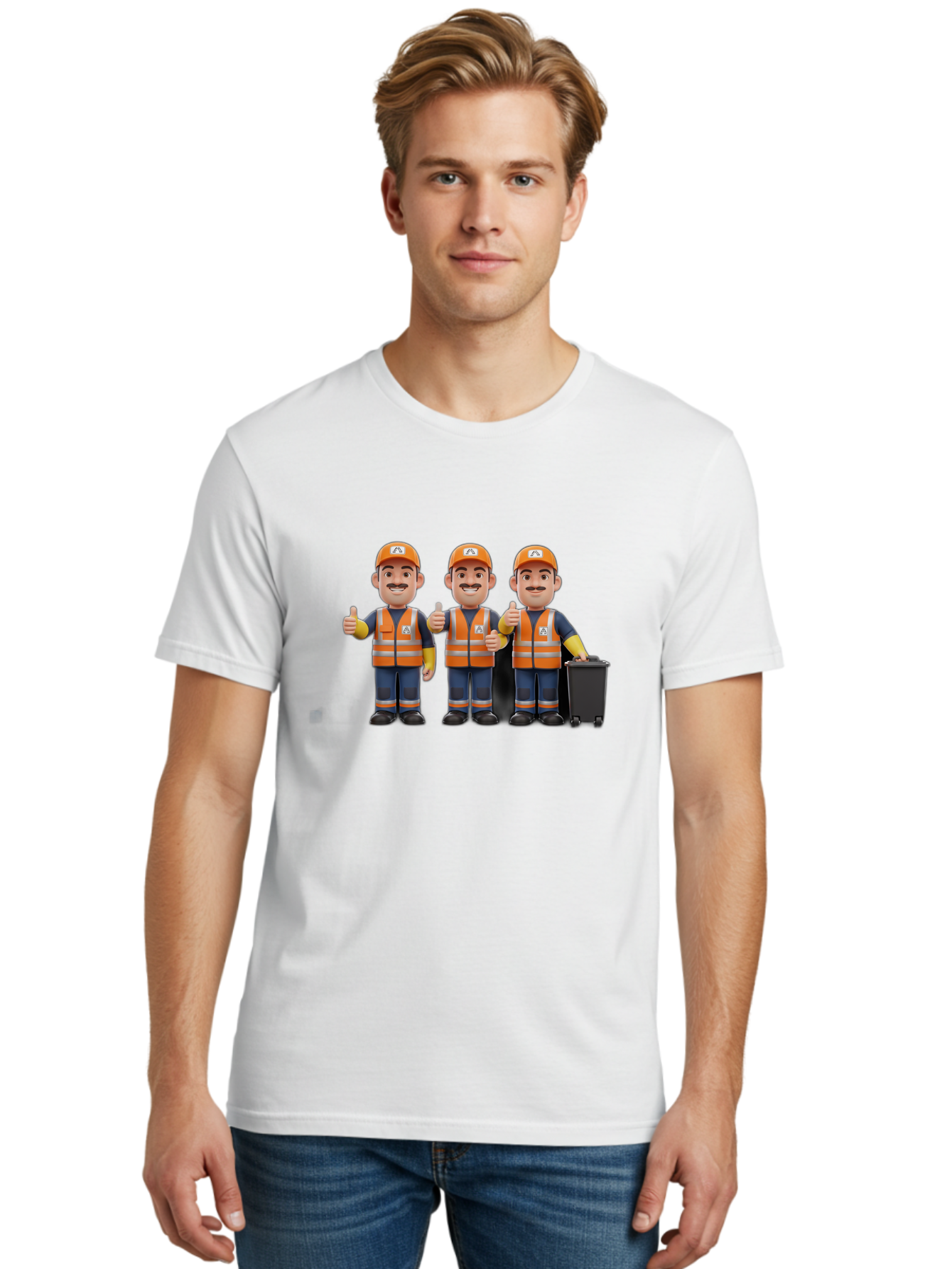 Waste-Management-Workers Men'S Graphic Tee, 100% Cotton, Comfortable Casual Summer Wear, Machine Washable, 3D Illustration, Waste Management Workers, Thumbs Up, Orange Safety Vests, Black Trash Bin, Customer Satisfaction, Bad908