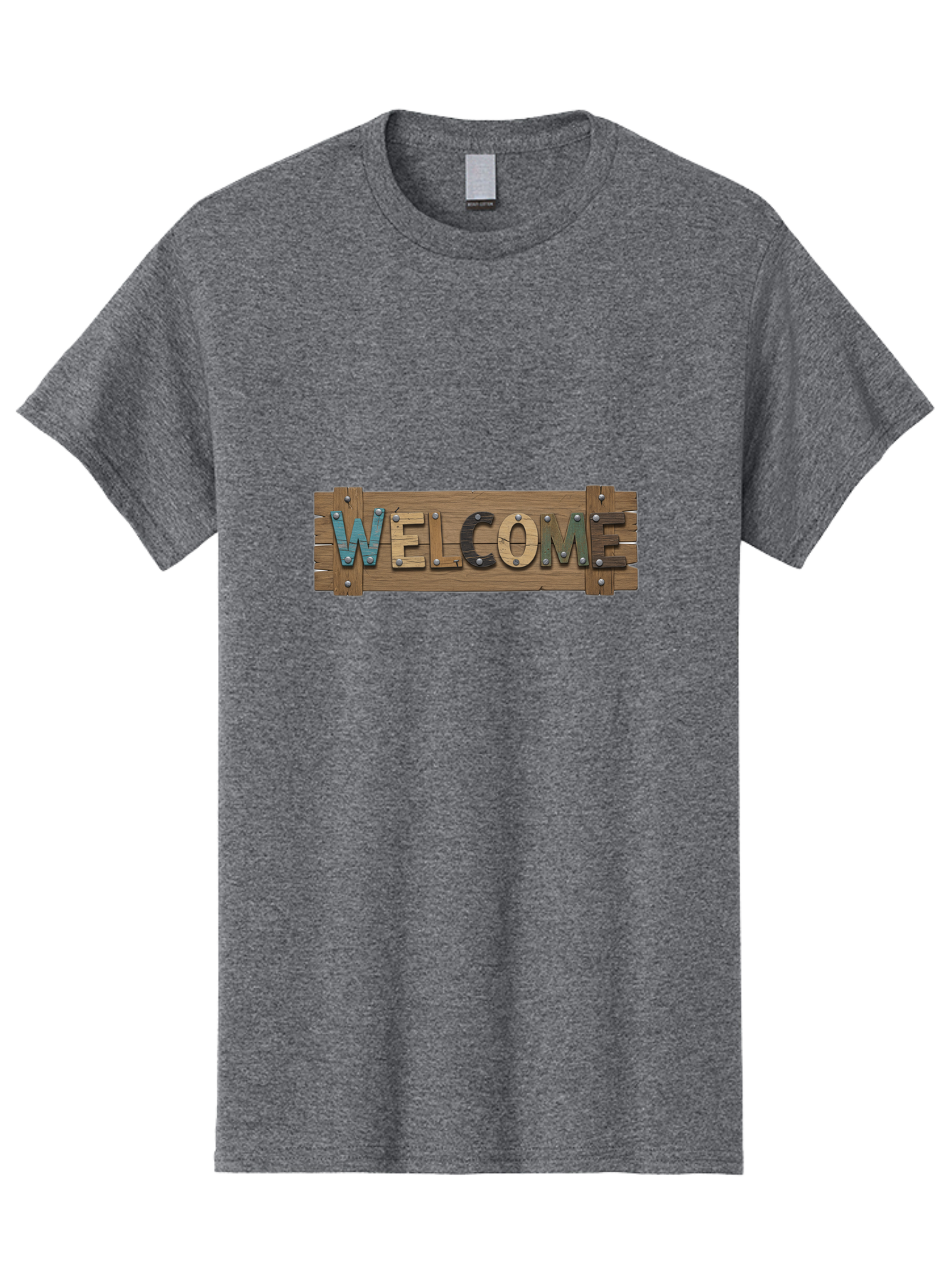 Welcome Men'S Graphic Tee, 100% Cotton, Comfortable Casual Summer Wear, Machine Washable, Wooden Welcome Sign, Rustic Design, Colorful Letters, Metal Rivets, Vintage Feel, Country Charm, Wooden Texture, Greeting Sign Bad910