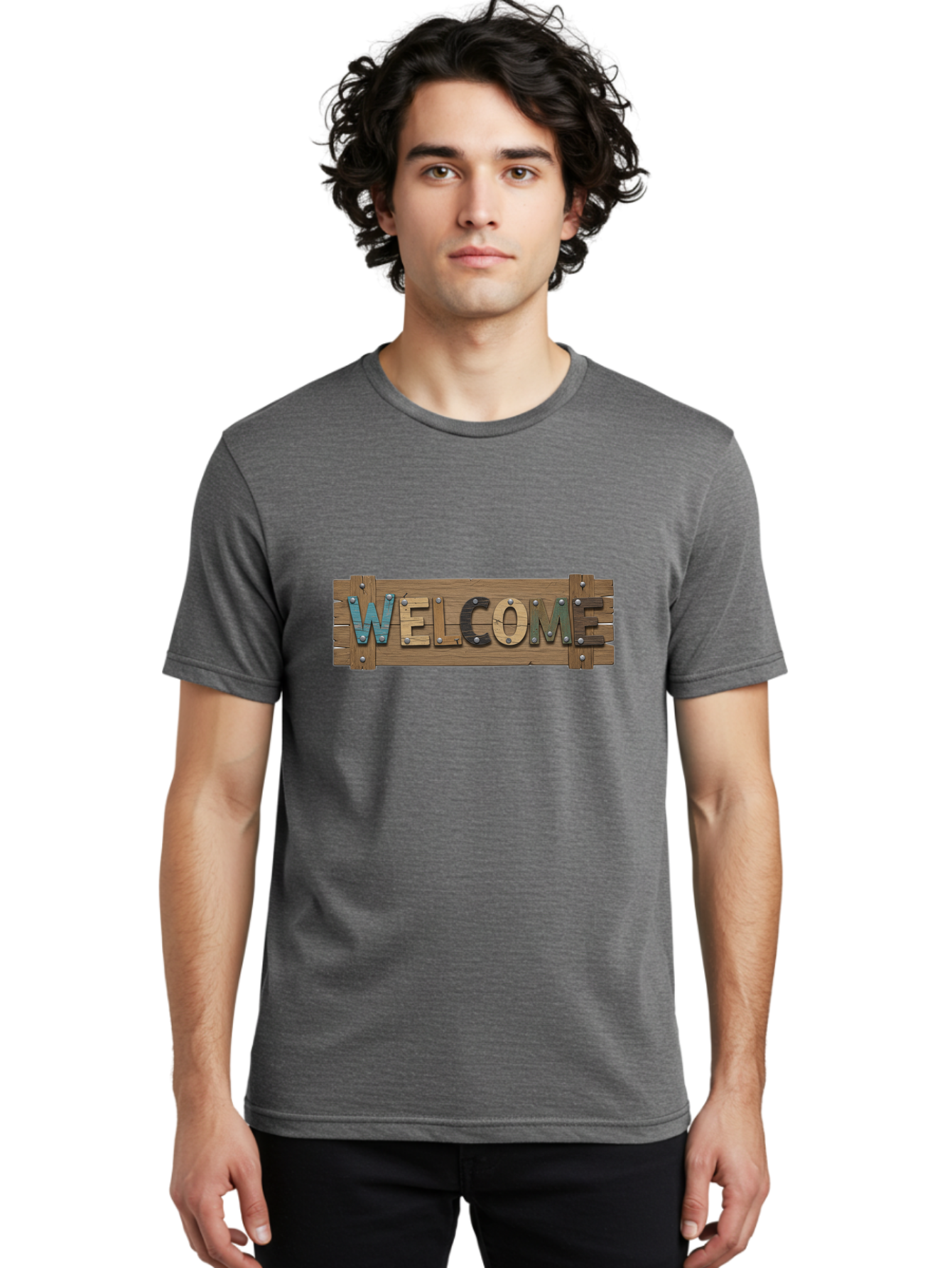 Welcome Men'S Graphic Tee, 100% Cotton, Comfortable Casual Summer Wear, Machine Washable, Wooden Welcome Sign, Rustic Design, Colorful Letters, Metal Rivets, Vintage Feel, Country Charm, Wooden Texture, Greeting Sign Bad910