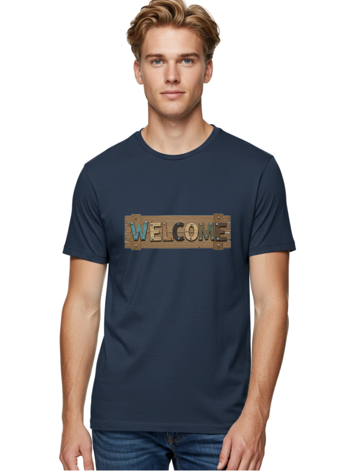Welcome Men'S Graphic Tee, 100% Cotton, Comfortable Casual Summer Wear, Machine Washable, Wooden Welcome Sign, Rustic Design, Colorful Letters, Metal Rivets, Vintage Feel, Country Charm, Wooden Texture, Greeting Sign Bad910