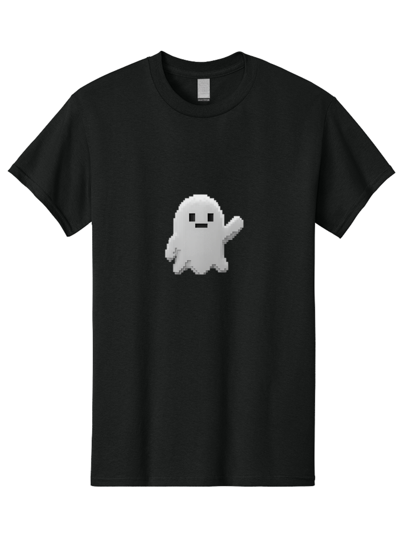 White-Ghost Men'S Graphic Tee, 100% Cotton, Comfortable Casual Summer Wear, Machine Washable, White Ghost Pixel Art, Friendly Ghost, Cute Character, Cartoon Style, Retro Video Game, Pixelated Graphics, Adorable Creature, Waving Ghost Bad914