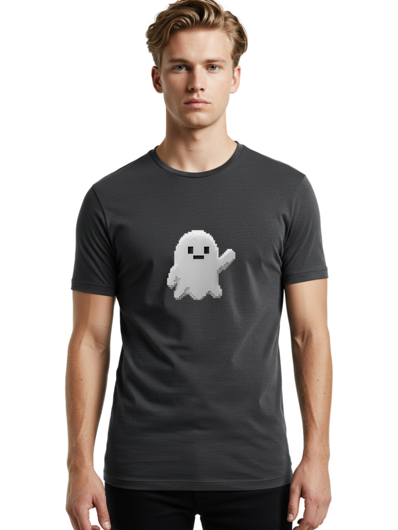 White-Ghost Men'S Graphic Tee, 100% Cotton, Comfortable Casual Summer Wear, Machine Washable, White Ghost Pixel Art, Friendly Ghost, Cute Character, Cartoon Style, Retro Video Game, Pixelated Graphics, Adorable Creature, Waving Ghost Bad914