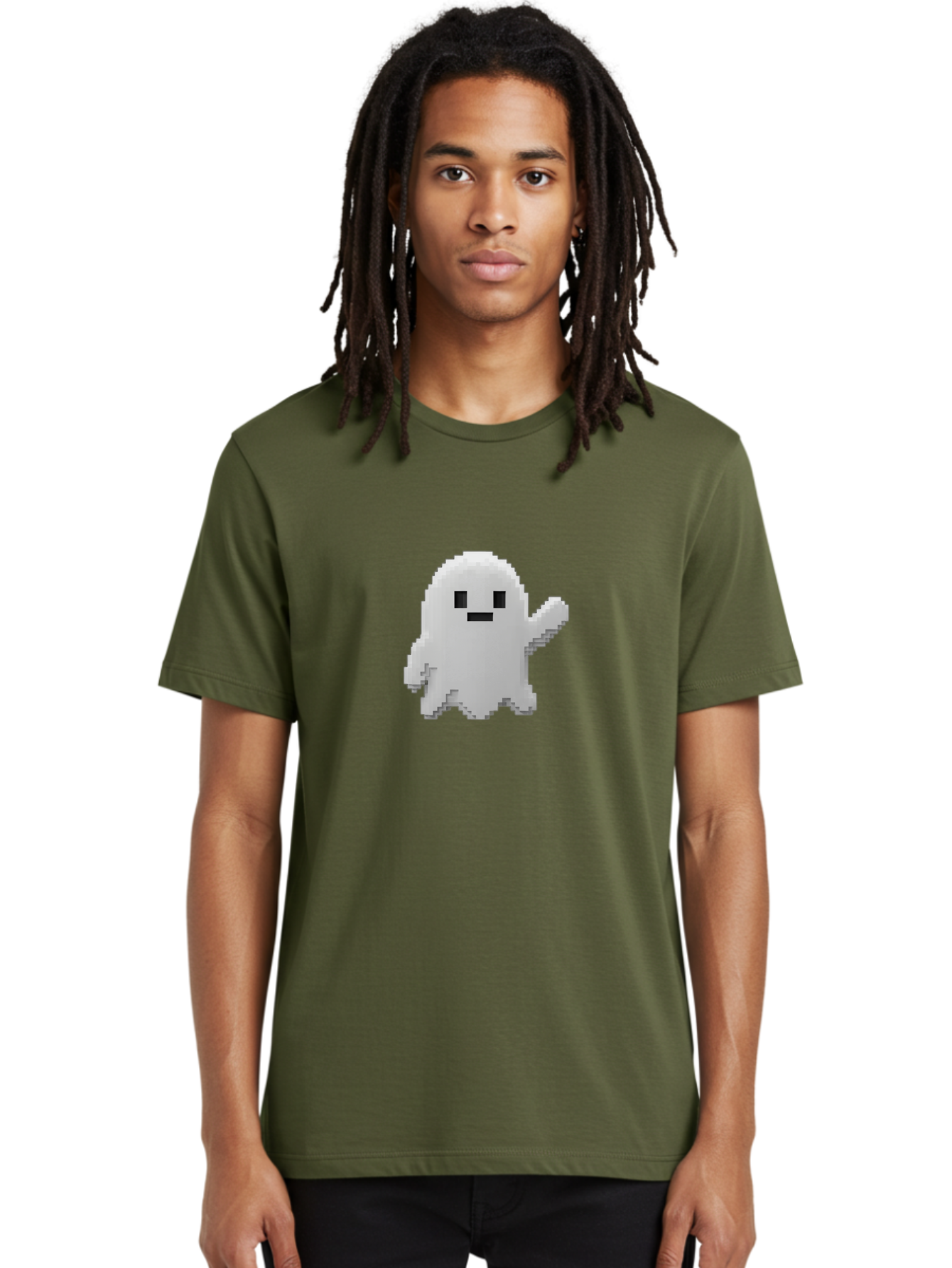 White-Ghost Men'S Graphic Tee, 100% Cotton, Comfortable Casual Summer Wear, Machine Washable, White Ghost Pixel Art, Friendly Ghost, Cute Character, Cartoon Style, Retro Video Game, Pixelated Graphics, Adorable Creature, Waving Ghost Bad914