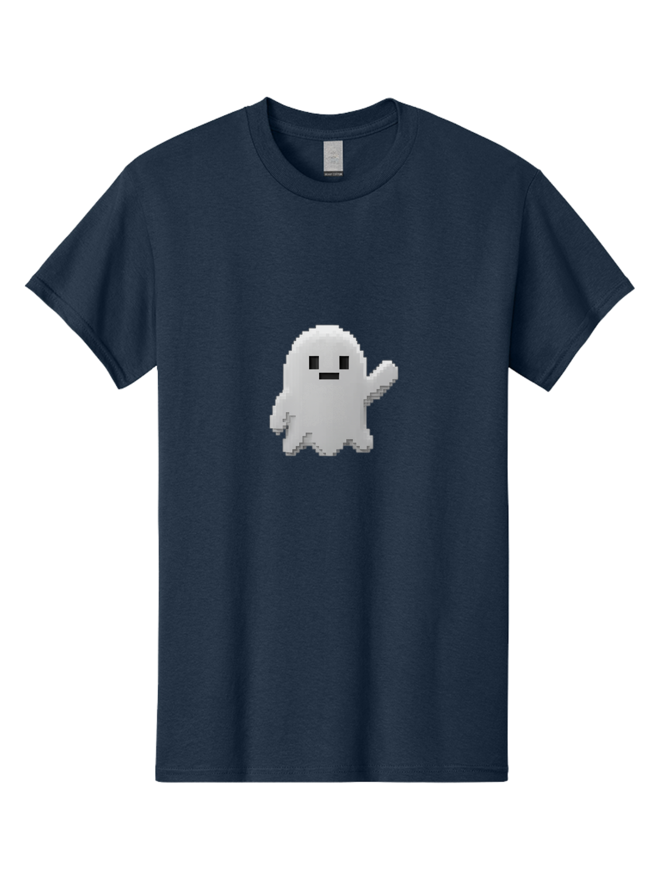 White-Ghost Men'S Graphic Tee, 100% Cotton, Comfortable Casual Summer Wear, Machine Washable, White Ghost Pixel Art, Friendly Ghost, Cute Character, Cartoon Style, Retro Video Game, Pixelated Graphics, Adorable Creature, Waving Ghost Bad914
