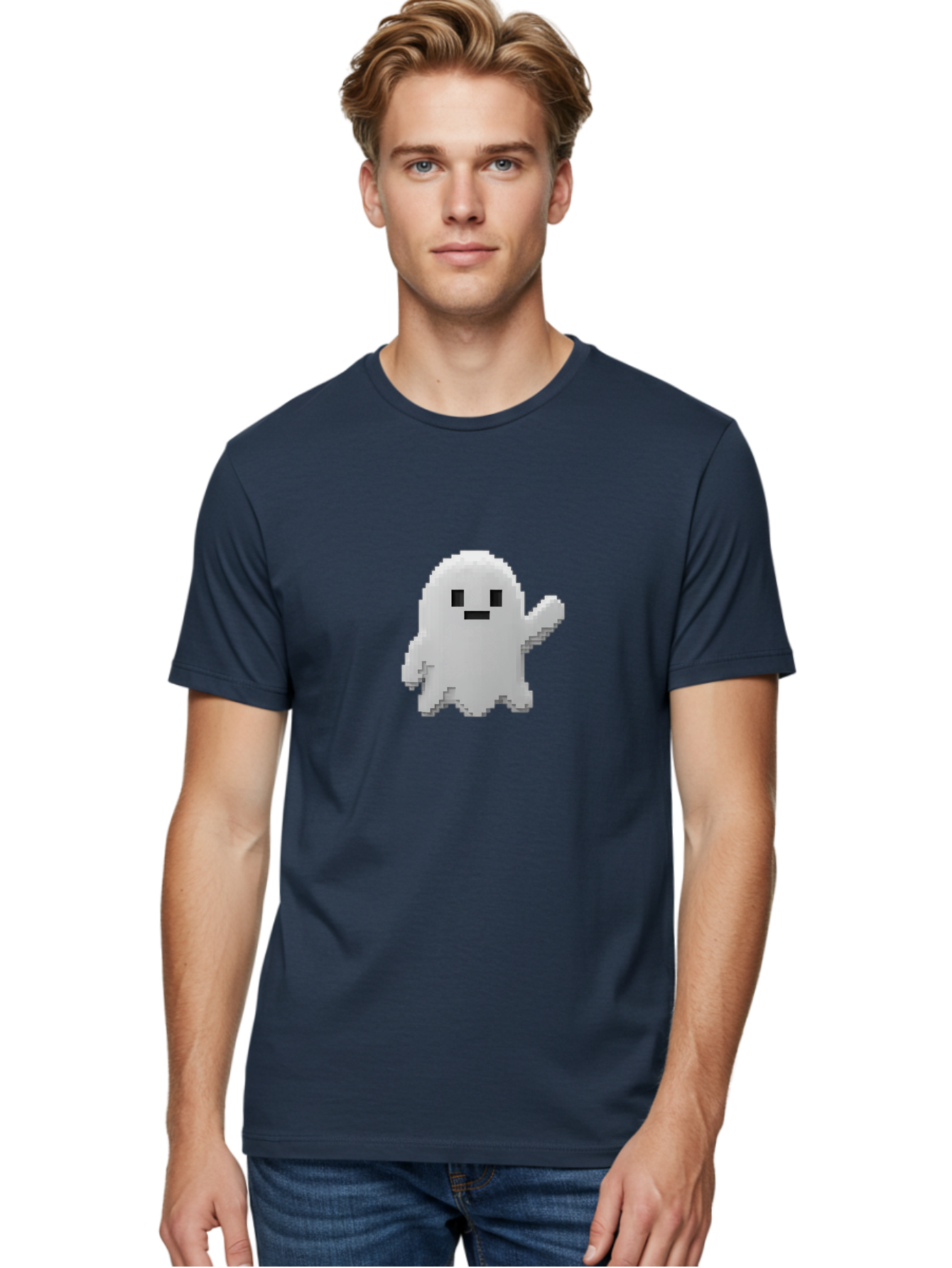 White-Ghost Men'S Graphic Tee, 100% Cotton, Comfortable Casual Summer Wear, Machine Washable, White Ghost Pixel Art, Friendly Ghost, Cute Character, Cartoon Style, Retro Video Game, Pixelated Graphics, Adorable Creature, Waving Ghost Bad914