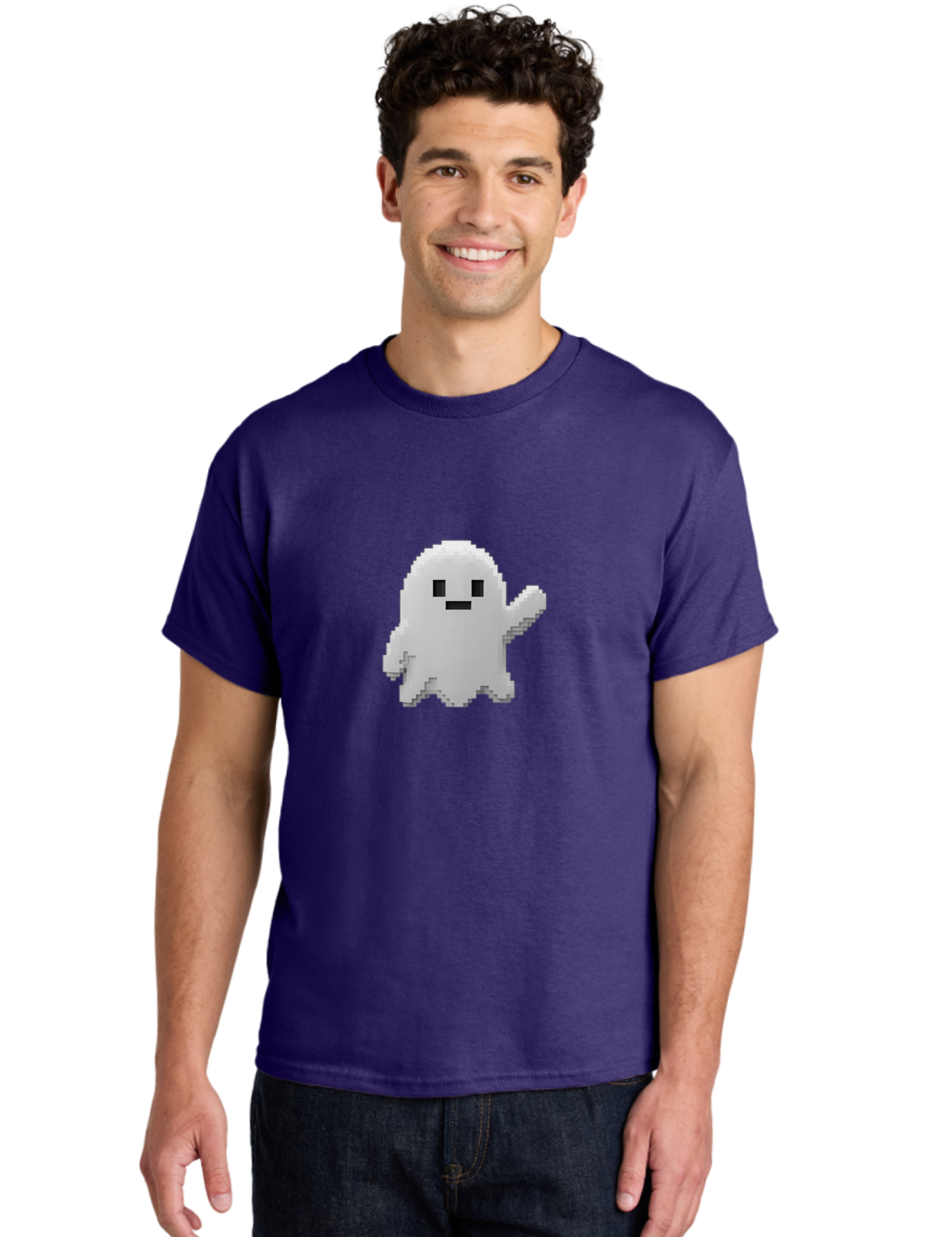 White-Ghost Men'S Graphic Tee, 100% Cotton, Comfortable Casual Summer Wear, Machine Washable, White Ghost Pixel Art, Friendly Ghost, Cute Character, Cartoon Style, Retro Video Game, Pixelated Graphics, Adorable Creature, Waving Ghost Bad914