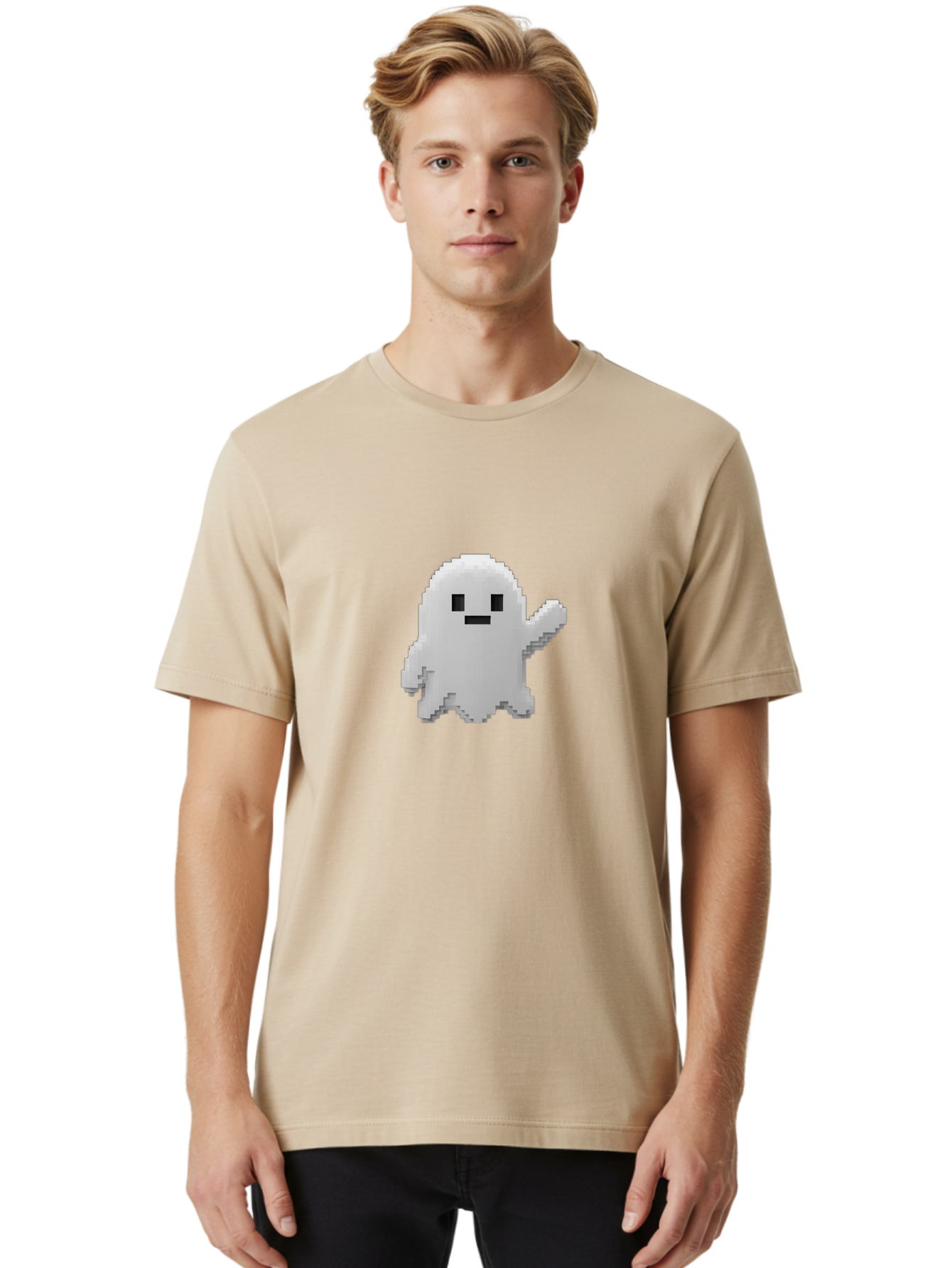 White-Ghost Men'S Graphic Tee, 100% Cotton, Comfortable Casual Summer Wear, Machine Washable, White Ghost Pixel Art, Friendly Ghost, Cute Character, Cartoon Style, Retro Video Game, Pixelated Graphics, Adorable Creature, Waving Ghost Bad914