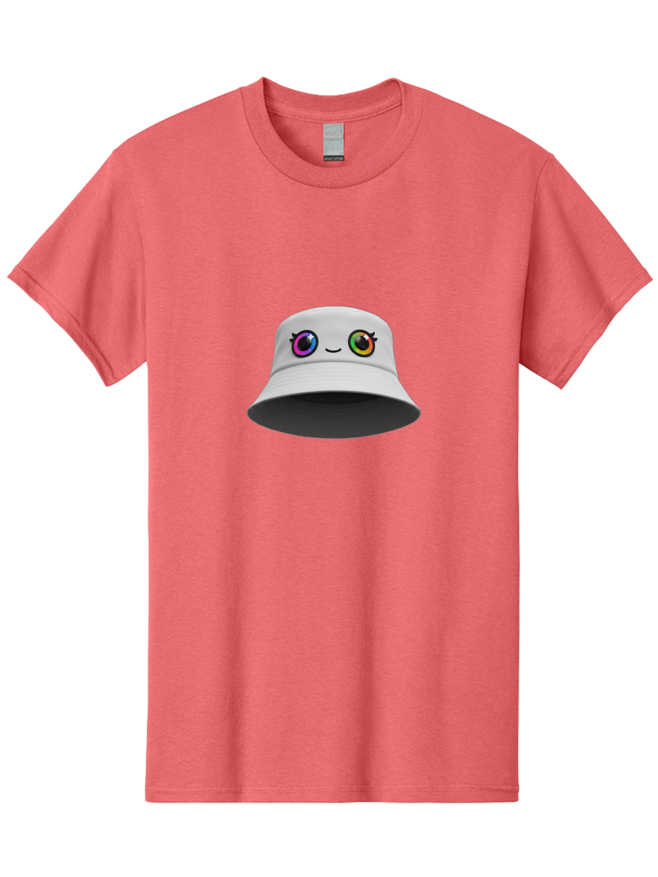 White-Hat-With-Eyes Men'S Graphic Tee, 100% Cotton, Comfortable Casual Summer Wear, Machine Washable, Bucket Hat, Cartoon Eyes, Rainbow Colors, Kawaii Fashion, Colorful Accessories, Streetwear, Hat Design, Smiley Face Bad915