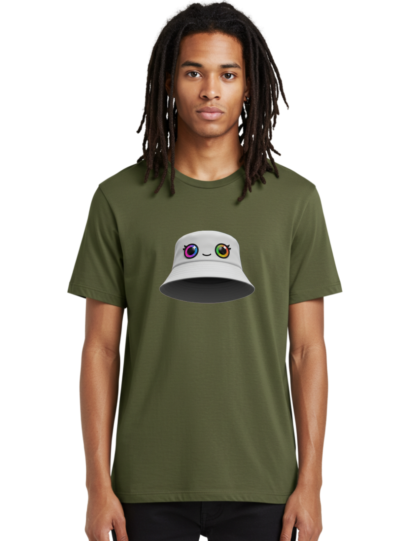 White-Hat-With-Eyes Men'S Graphic Tee, 100% Cotton, Comfortable Casual Summer Wear, Machine Washable, Bucket Hat, Cartoon Eyes, Rainbow Colors, Kawaii Fashion, Colorful Accessories, Streetwear, Hat Design, Smiley Face Bad915