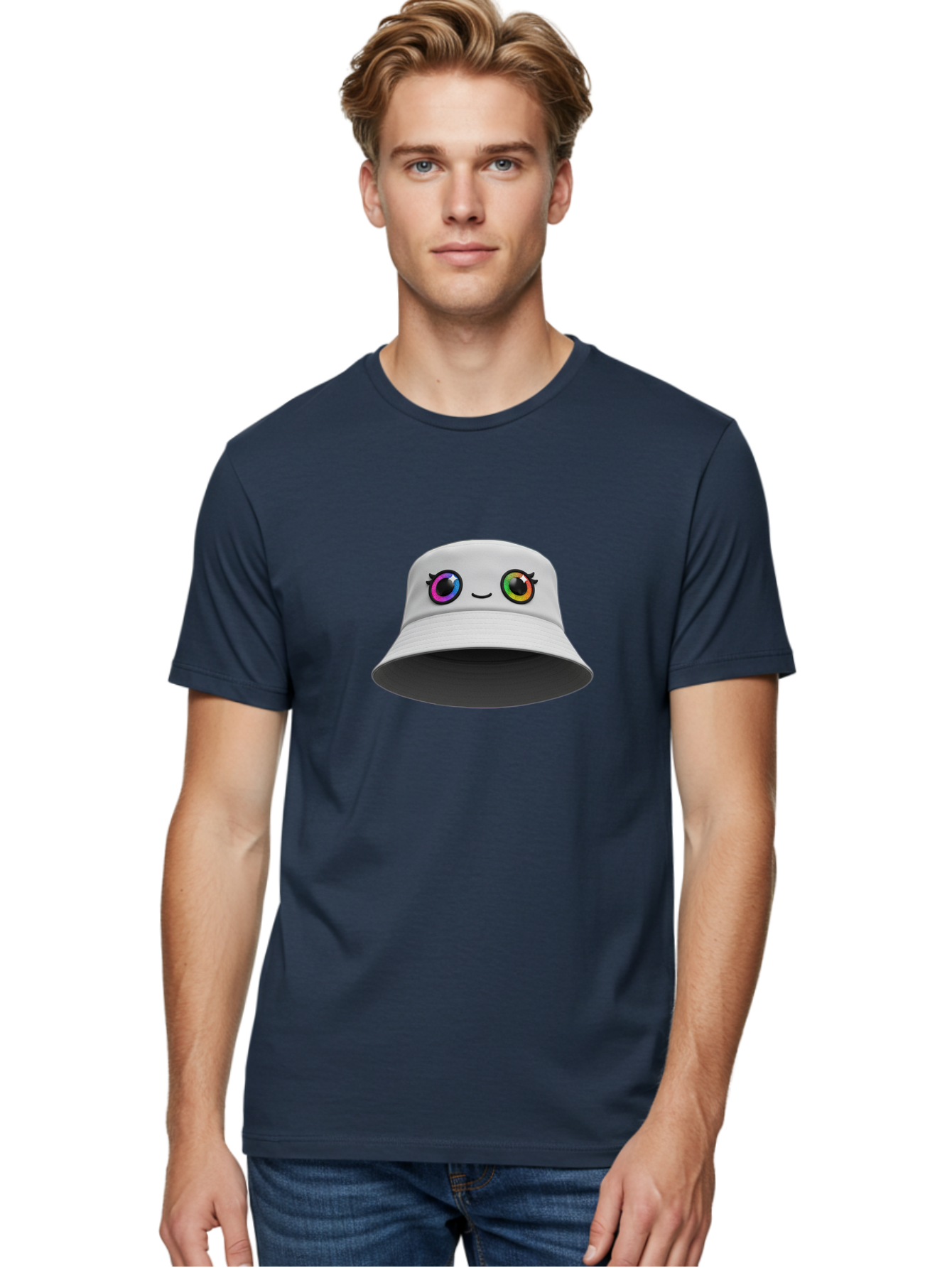 White-Hat-With-Eyes Men'S Graphic Tee, 100% Cotton, Comfortable Casual Summer Wear, Machine Washable, Bucket Hat, Cartoon Eyes, Rainbow Colors, Kawaii Fashion, Colorful Accessories, Streetwear, Hat Design, Smiley Face Bad915