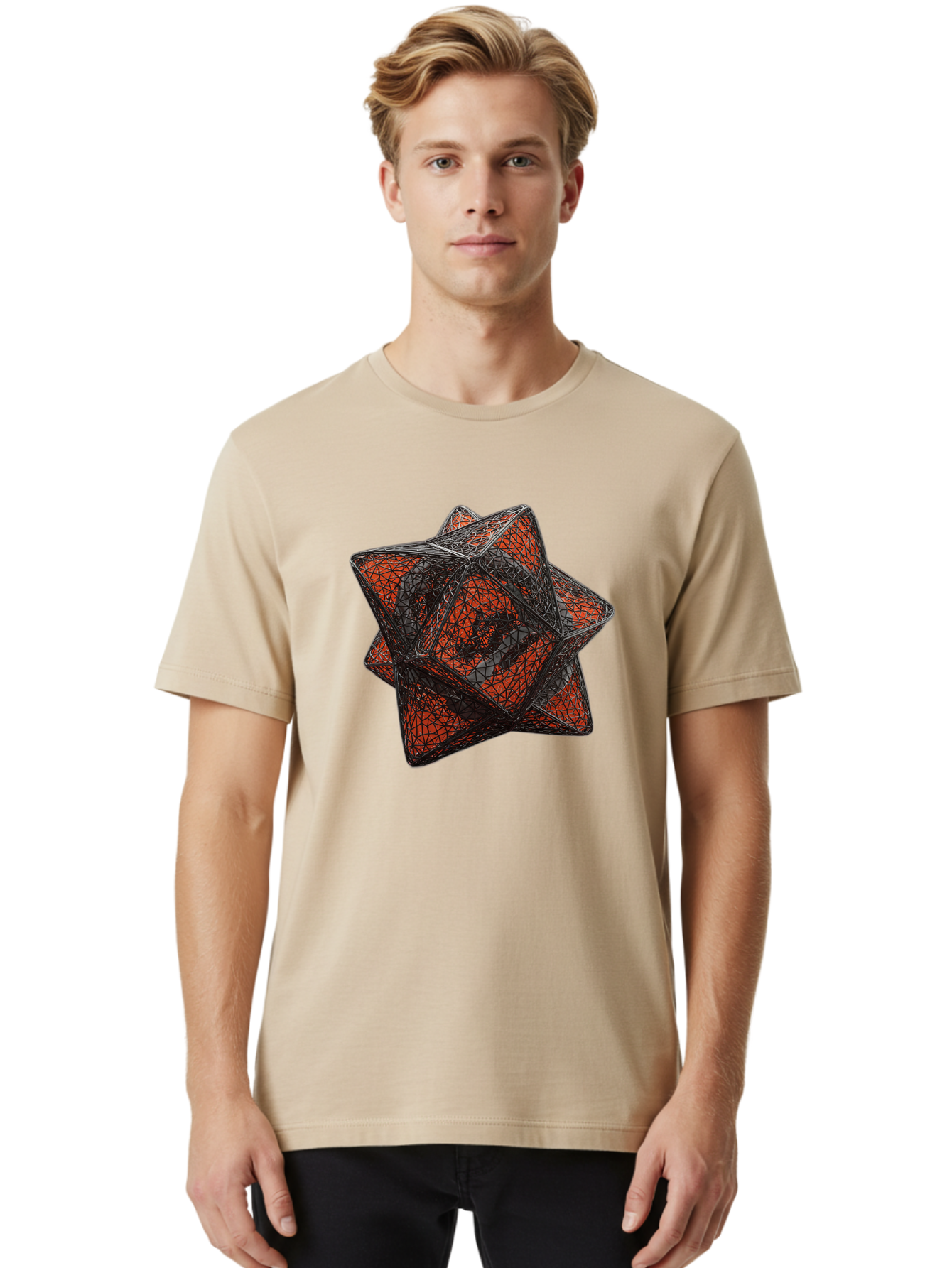 Wireframe-Star Men'S Graphic Tee, 100% Cotton, Comfortable Casual Summer Wear, Machine Washable, Geometric Star Shape, Complex 3D Structure, Red And Black Geometric Pattern, Intricate Angular Design, Polygon Mesh Art Bad917