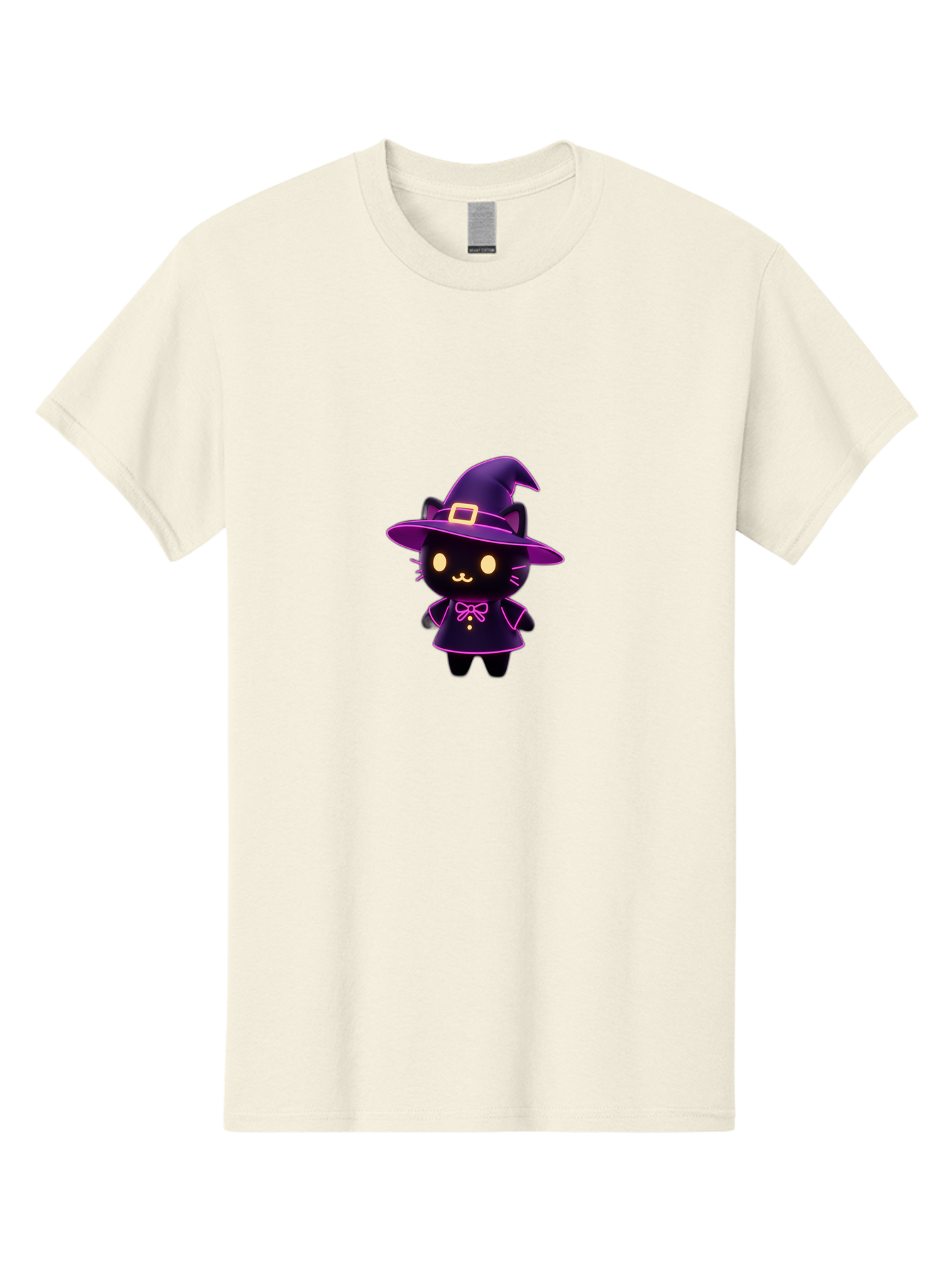 Witch-Cat Men'S Graphic Tee, 100% Cotton, Comfortable Casual Summer Wear, Machine Washable, Cartoon Black Cat, Witch Costume, Purple Hat, Gold Buckle, Pink Bow, Cute Design, Kawaii Style, Halloween Theme, Adorable Cat Character Bad918