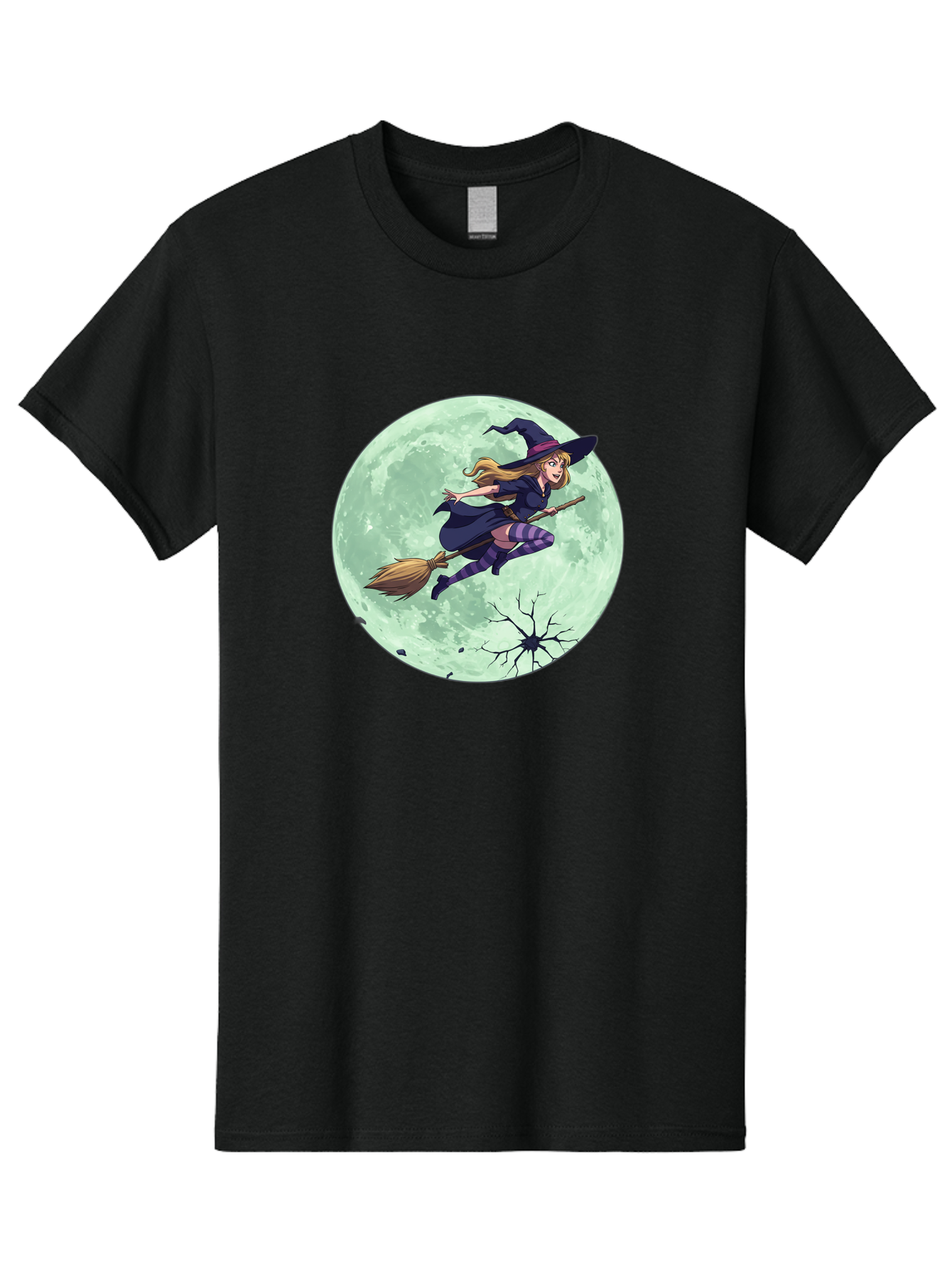 Witch-Flying-Broomstick Men'S Graphic Tee, 100% Cotton, Comfortable Casual Summer Wear, Machine Washable, Witch Flying On Broomstick, Full Moon, Halloween Magic, Fantasy Illustration, Mystical Night, Supernatural Creatures, Cartoon Style Bad919