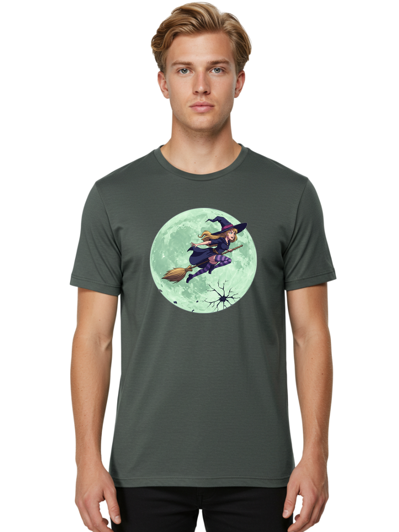 Witch-Flying-Broomstick Men'S Graphic Tee, 100% Cotton, Comfortable Casual Summer Wear, Machine Washable, Witch Flying On Broomstick, Full Moon, Halloween Magic, Fantasy Illustration, Mystical Night, Supernatural Creatures, Cartoon Style Bad919