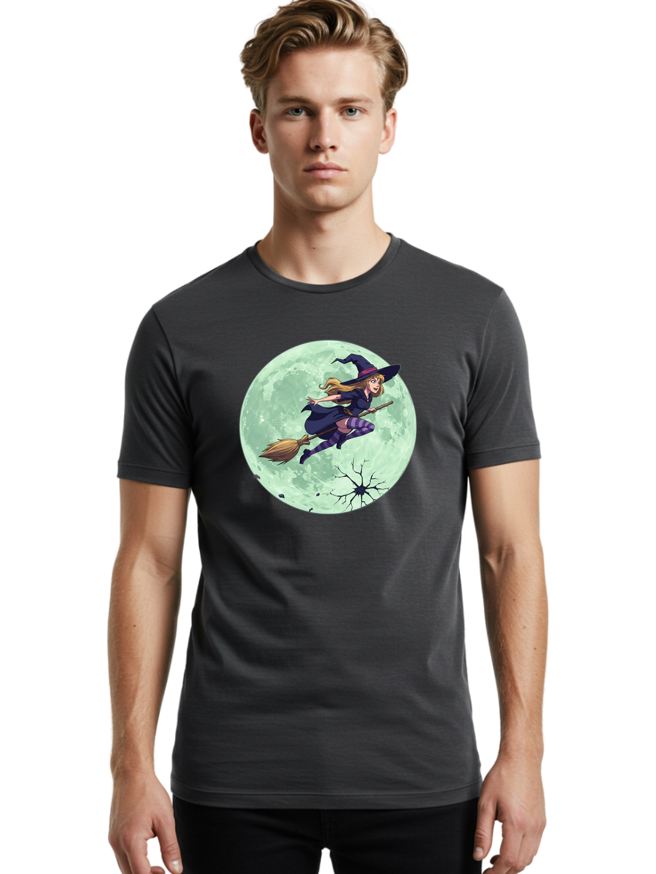 Witch-Flying-Broomstick Men'S Graphic Tee, 100% Cotton, Comfortable Casual Summer Wear, Machine Washable, Witch Flying On Broomstick, Full Moon, Halloween Magic, Fantasy Illustration, Mystical Night, Supernatural Creatures, Cartoon Style Bad919