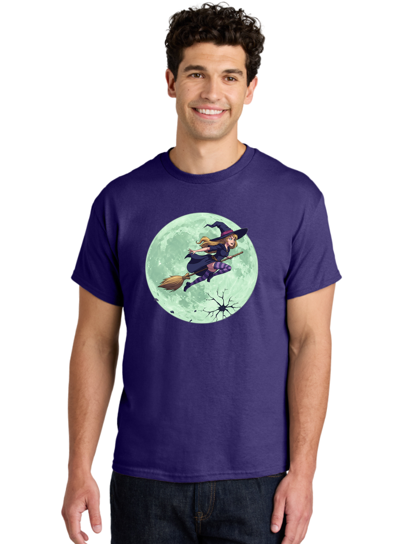 Witch-Flying-Broomstick Men'S Graphic Tee, 100% Cotton, Comfortable Casual Summer Wear, Machine Washable, Witch Flying On Broomstick, Full Moon, Halloween Magic, Fantasy Illustration, Mystical Night, Supernatural Creatures, Cartoon Style Bad919