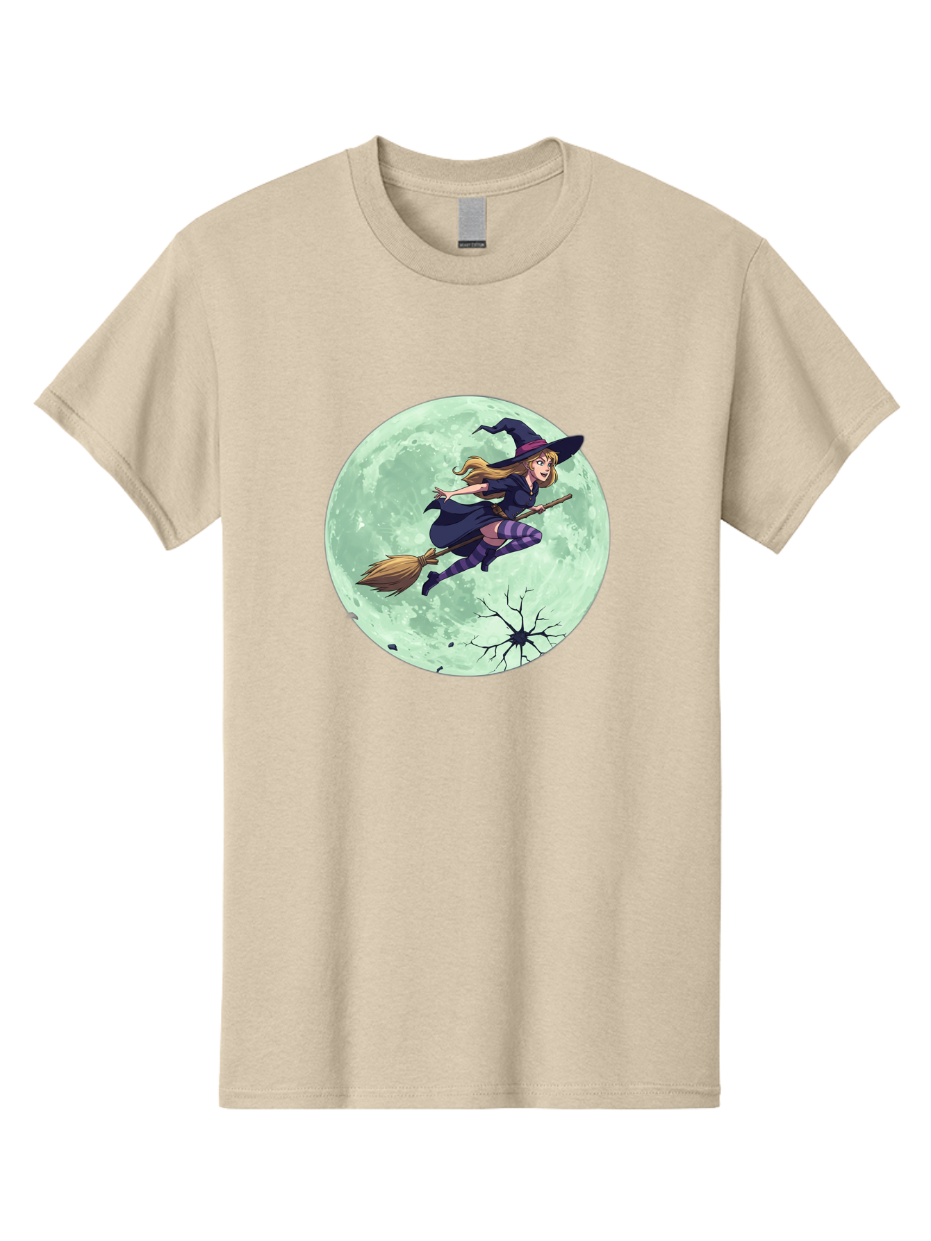 Witch-Flying-Broomstick Men'S Graphic Tee, 100% Cotton, Comfortable Casual Summer Wear, Machine Washable, Witch Flying On Broomstick, Full Moon, Halloween Magic, Fantasy Illustration, Mystical Night, Supernatural Creatures, Cartoon Style Bad919