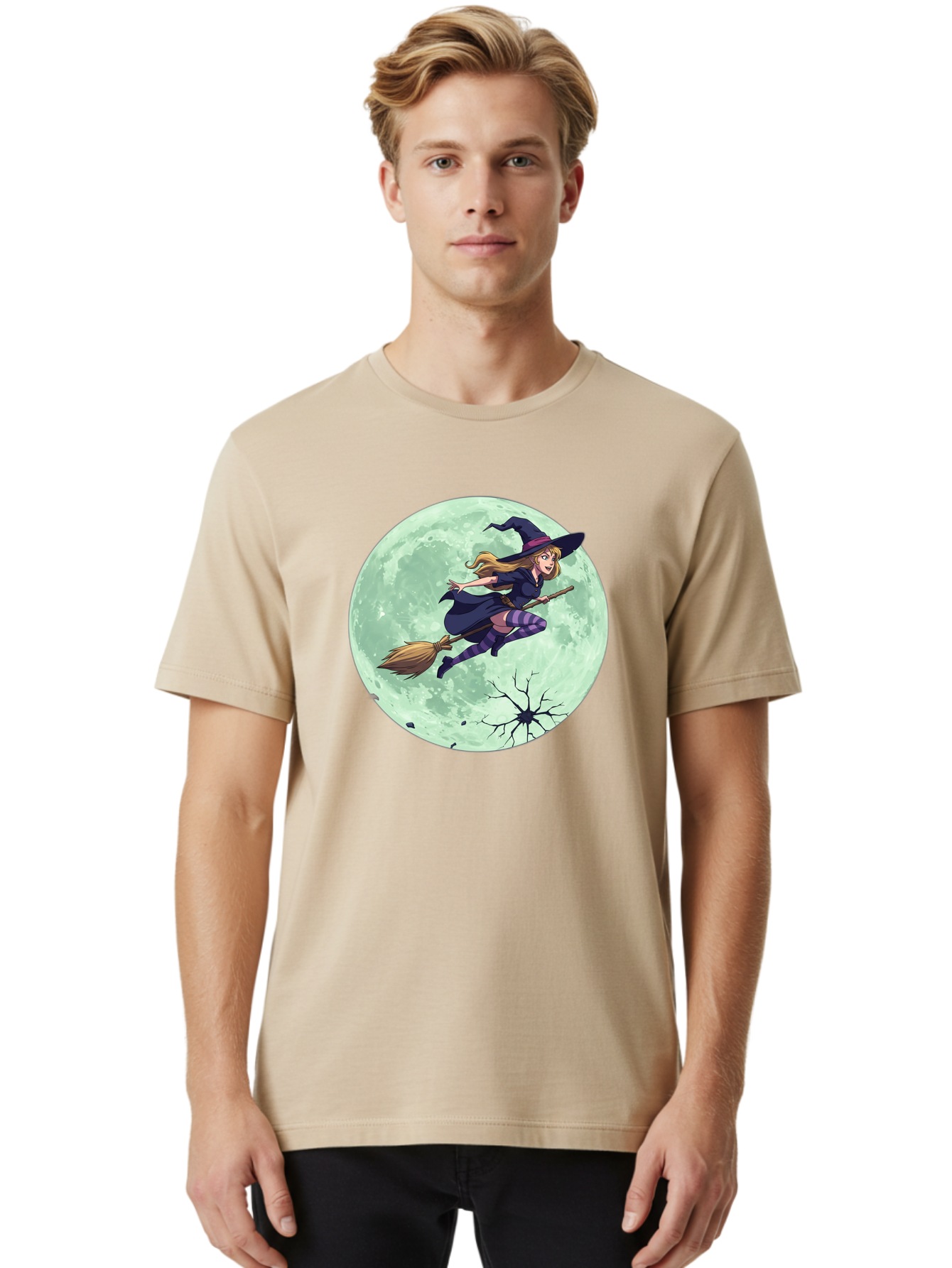 Witch-Flying-Broomstick Men'S Graphic Tee, 100% Cotton, Comfortable Casual Summer Wear, Machine Washable, Witch Flying On Broomstick, Full Moon, Halloween Magic, Fantasy Illustration, Mystical Night, Supernatural Creatures, Cartoon Style Bad919
