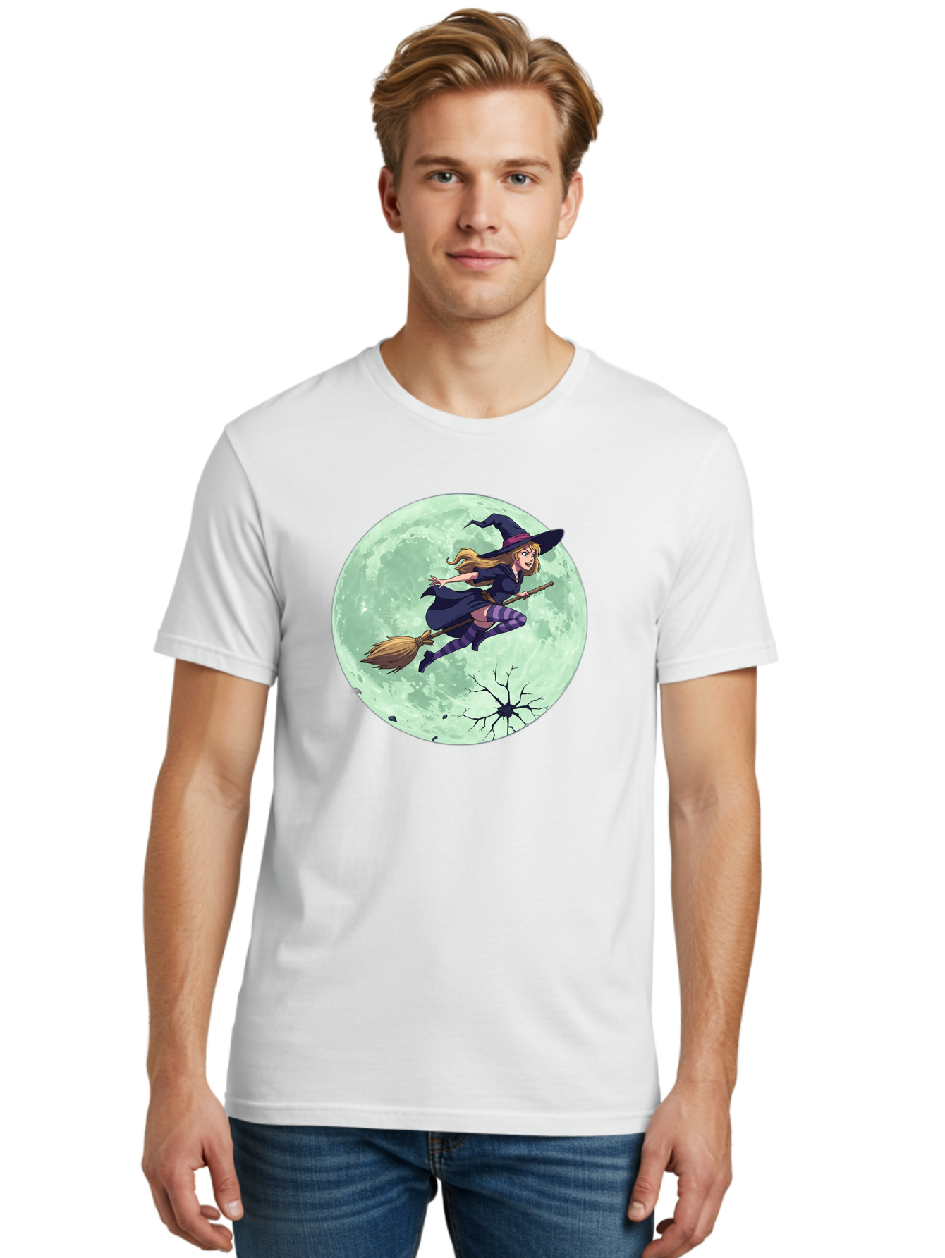 Witch-Flying-Broomstick Men'S Graphic Tee, 100% Cotton, Comfortable Casual Summer Wear, Machine Washable, Witch Flying On Broomstick, Full Moon, Halloween Magic, Fantasy Illustration, Mystical Night, Supernatural Creatures, Cartoon Style Bad919