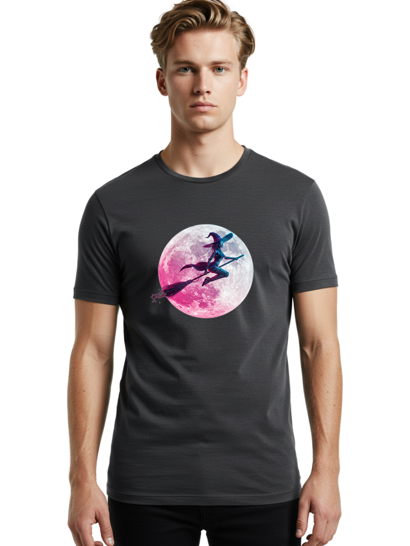 Witch-Flying-On-Broomstick-1 Men'S Graphic Tee, 100% Cotton, Comfortable Casual Summer Wear, Machine Washable, Witch Flying On Broomstick, Full Moon, Mystical Powers, Magical Night, Fantasy Scene, Supernatural Being, Occult Practices, Bad920